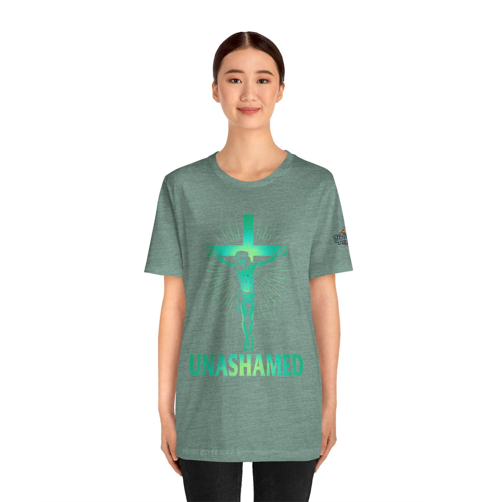 Unashamed T-shirt – Romans 1:16 Crucifixion Christian t-shirt for Bold Unwavering Faith Printify