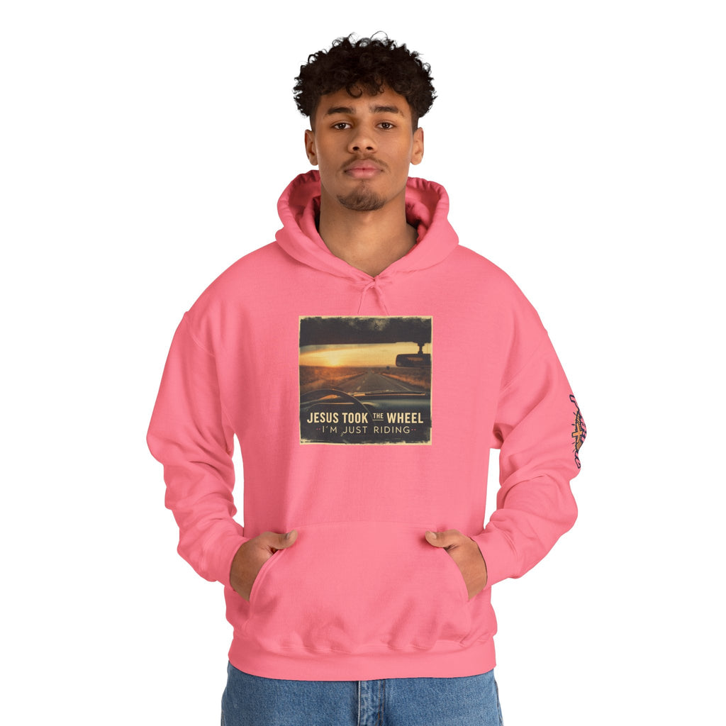 Jesus Took the Wheel I'm Just Riding Hoodie – Funny Christian Convertible Car Sweatshirt for Surrendered Faith & Humor Printify