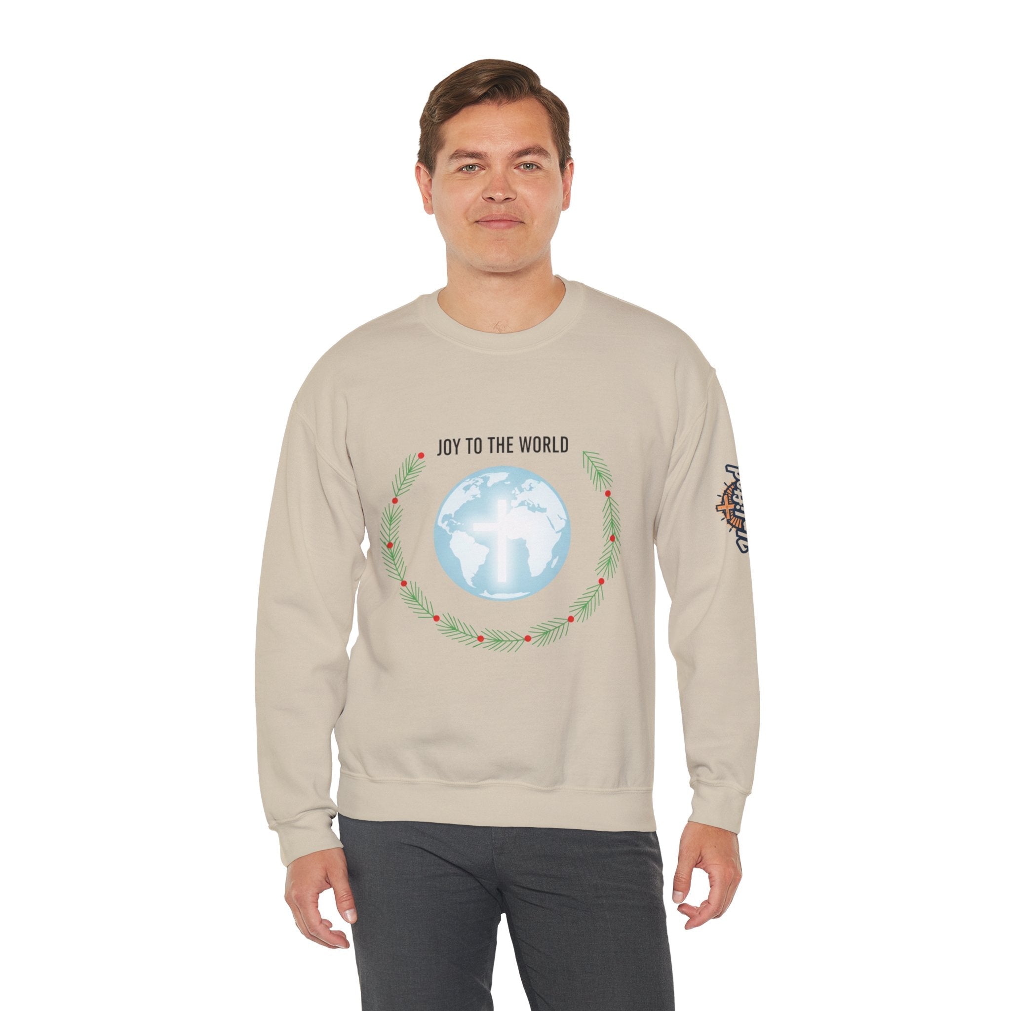 Joy to the World Sweatshirt – Wreath Earth Nativity Christian Christmas Sweatshirt for Isaiah 9:6 Holiday Faith & Festive Joy Printify