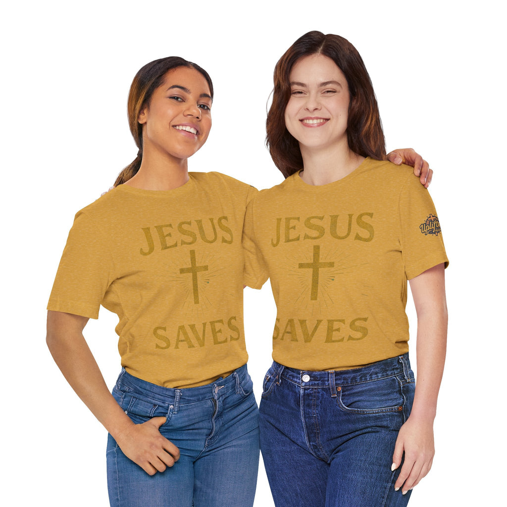 Jesus Saves T-shirt – Radiant Cross & Rays of Light Christian T-shirt for Eternal Hope & Faith Printify