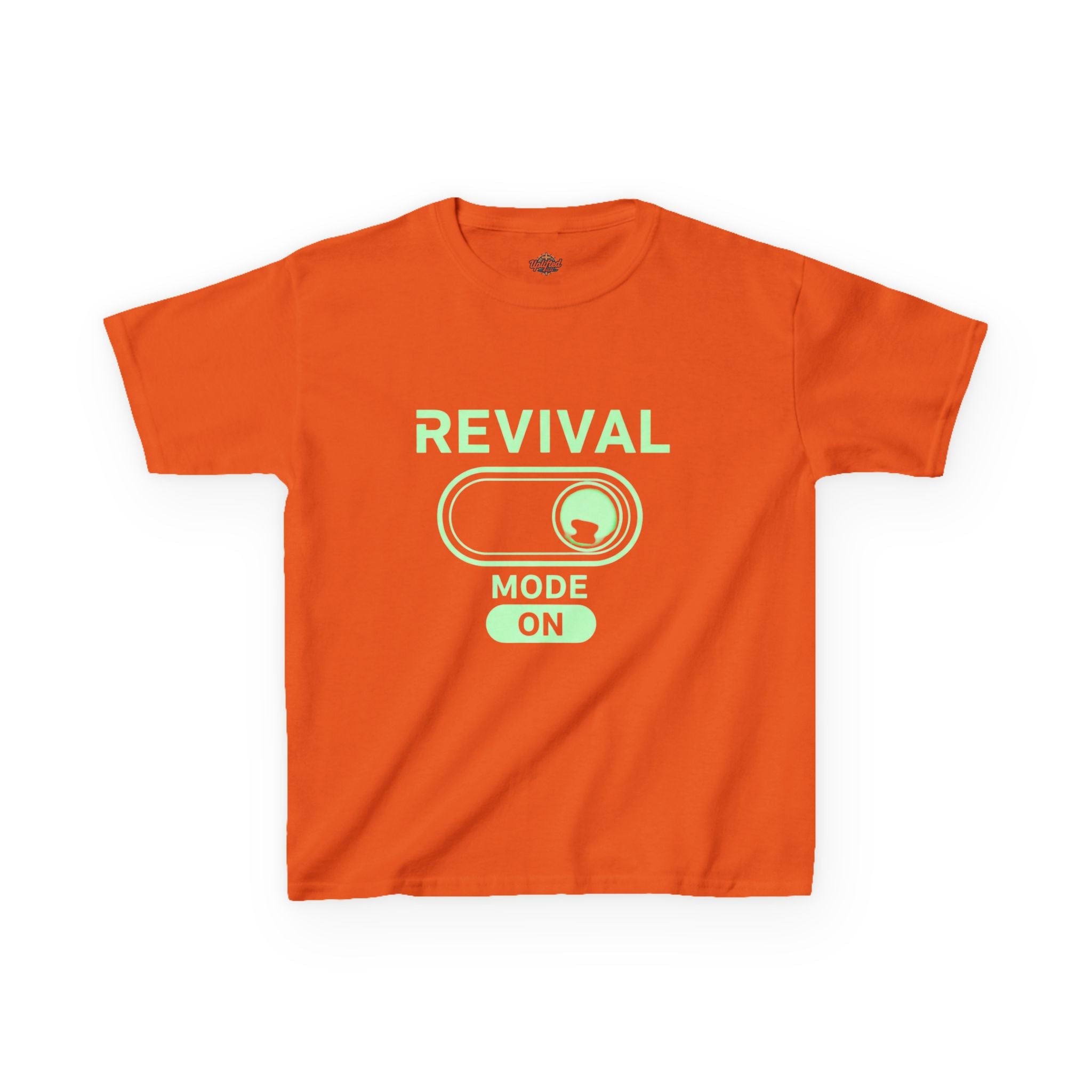 🔥 Revival Mode: ON – Christian Techwear Kids T-Shirt | Glowing Green Faith Switch | Futuristic Jesus Shirt | Activate Your Spiritual Awakening | Uplifted Gear Printify