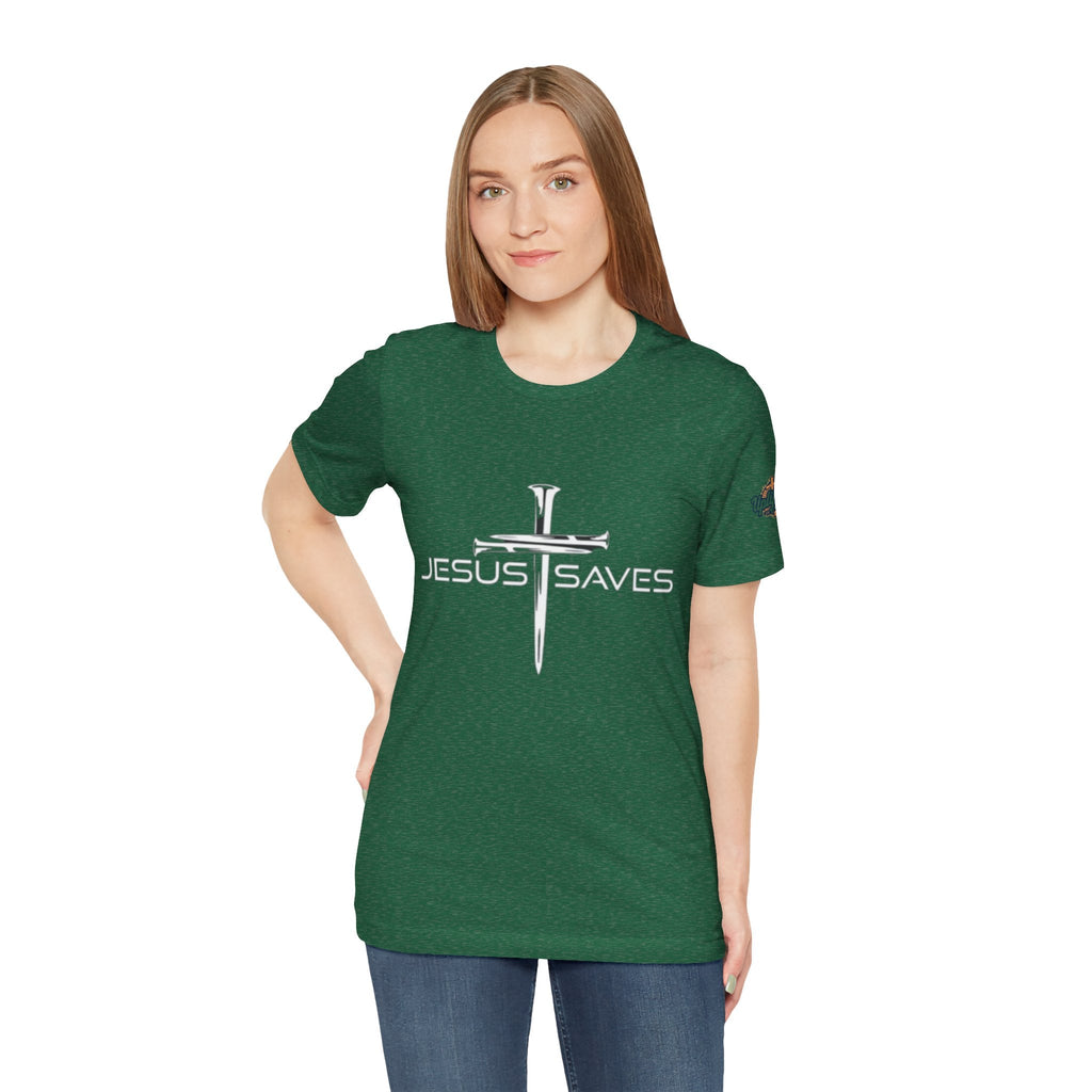 Jesus Saves T-shirt – 3 Nails Crucifix Cross Christian T-shirt for Redemption Faith & Bold Salvation Printify