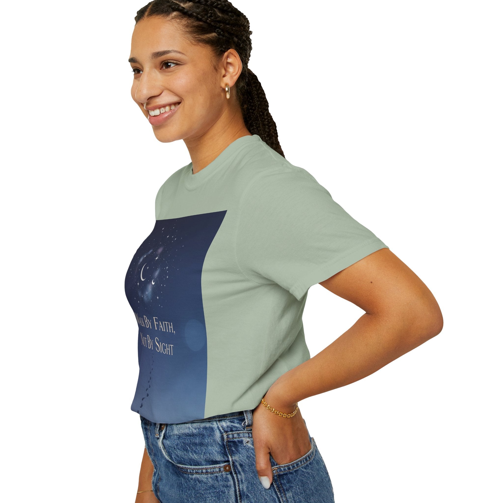 Walk by Faith, Not by Sight T-Shirt – Footprints in the Sand Christian Moonlit Tee Printify
