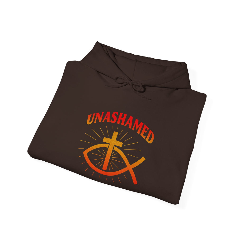 Unashamed Hoodie – Ichthys Jesus Fish & Cross Christian Sweatshirt for Romans 1:16 Bold Faith Printify