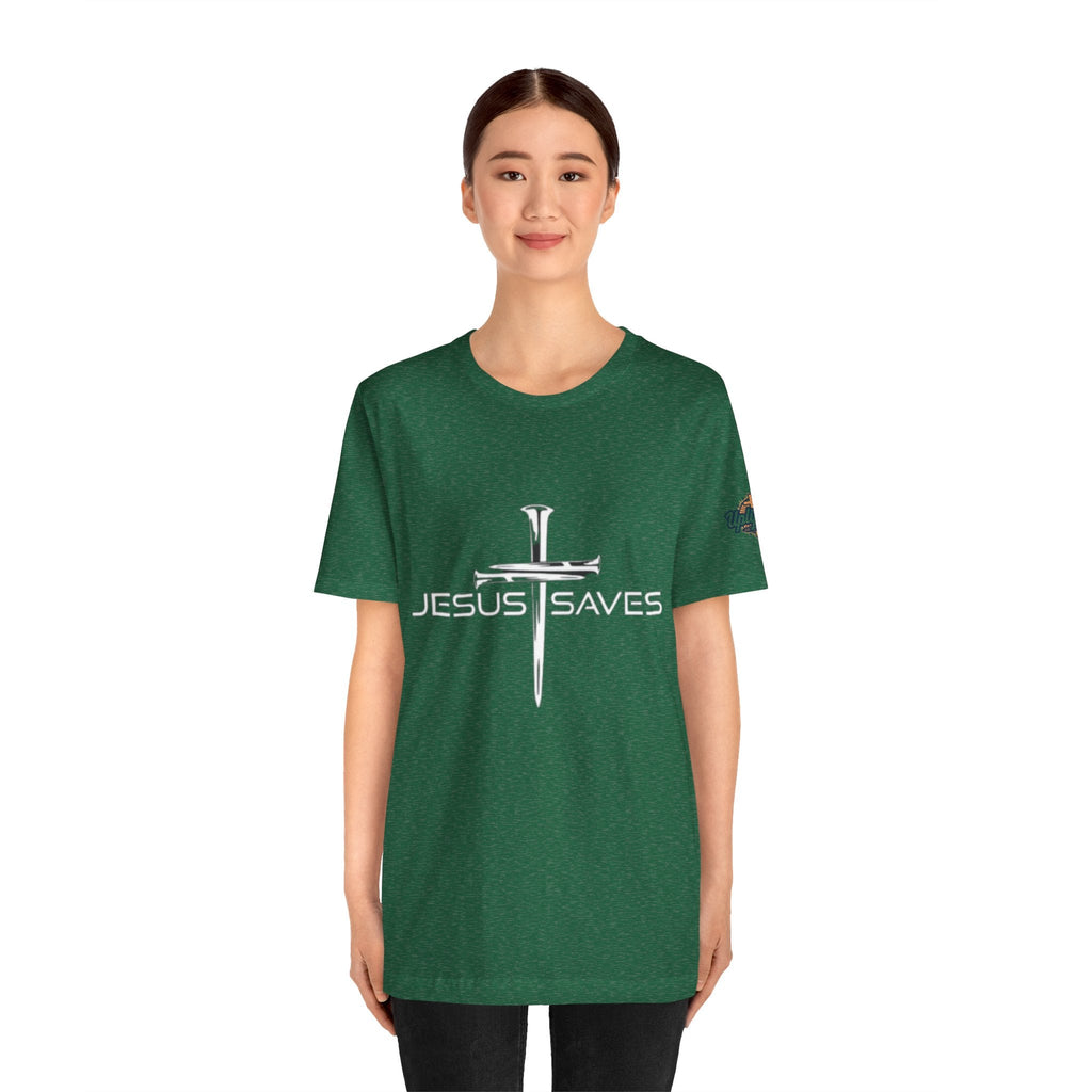 Jesus Saves T-shirt – 3 Nails Crucifix Cross Christian T-shirt for Redemption Faith & Bold Salvation Printify