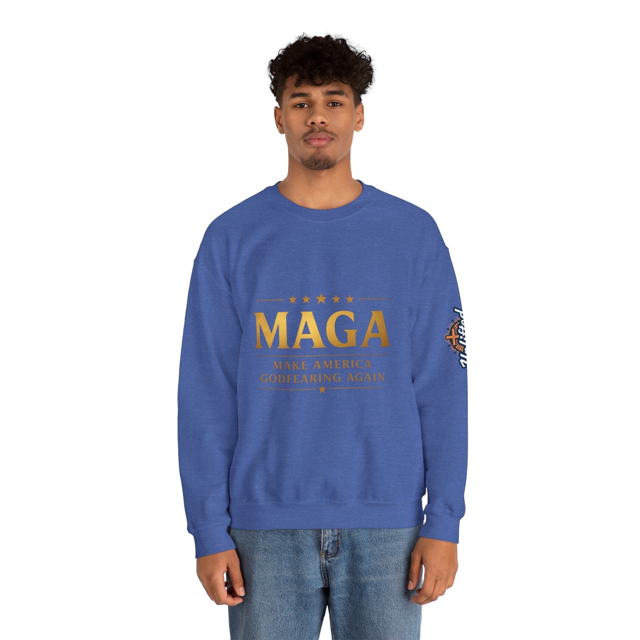 Sweatshirt — "MAGA Make America Godfearing Again" Gold Logo Crewneck Printify