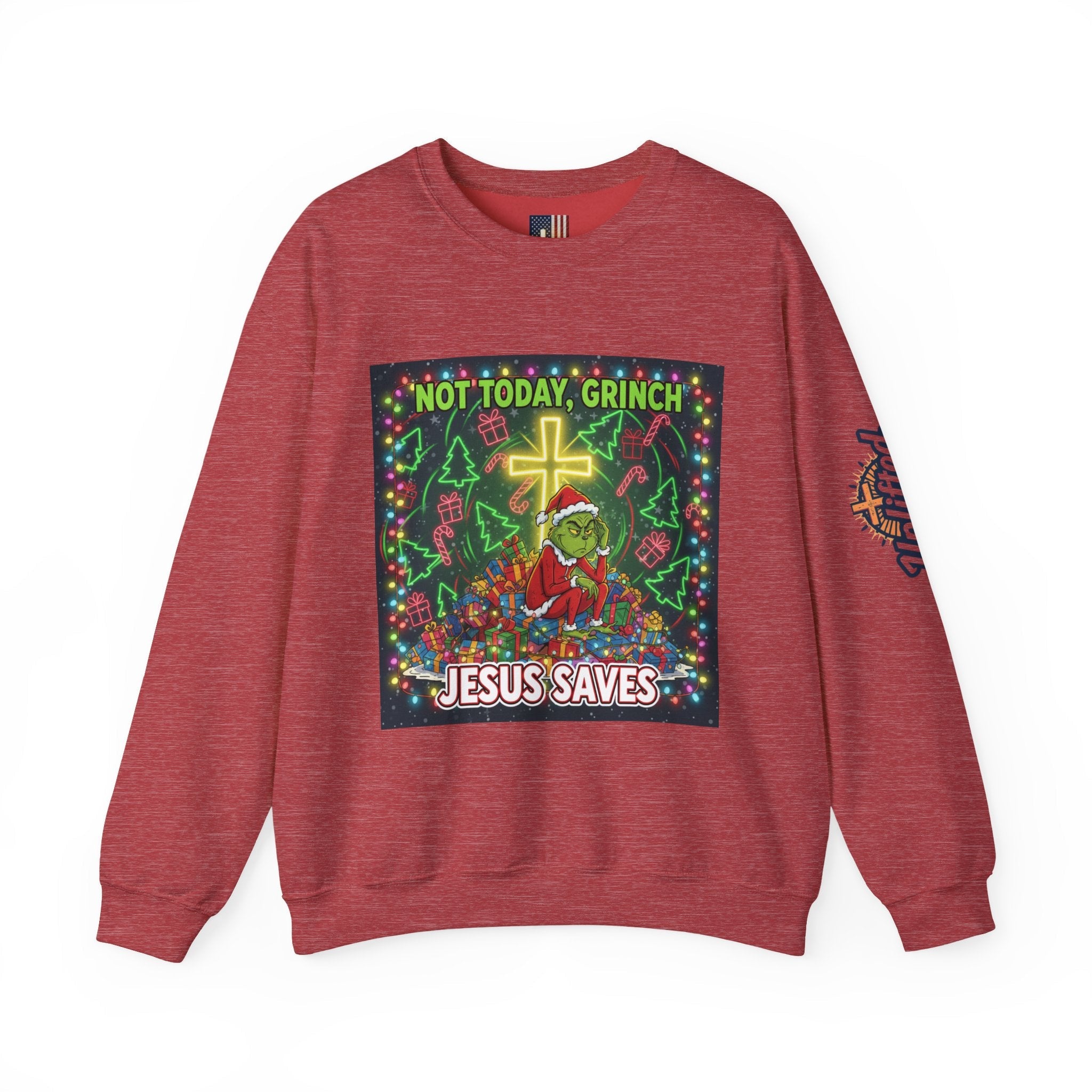 🎄 Not Today, Grinch – Jesus Saves | Funny Christian Christmas Sweatshirt | Festive Green & Red Cartoon Style | Bold Faith Holiday Tee by Uplifted Gear Printify