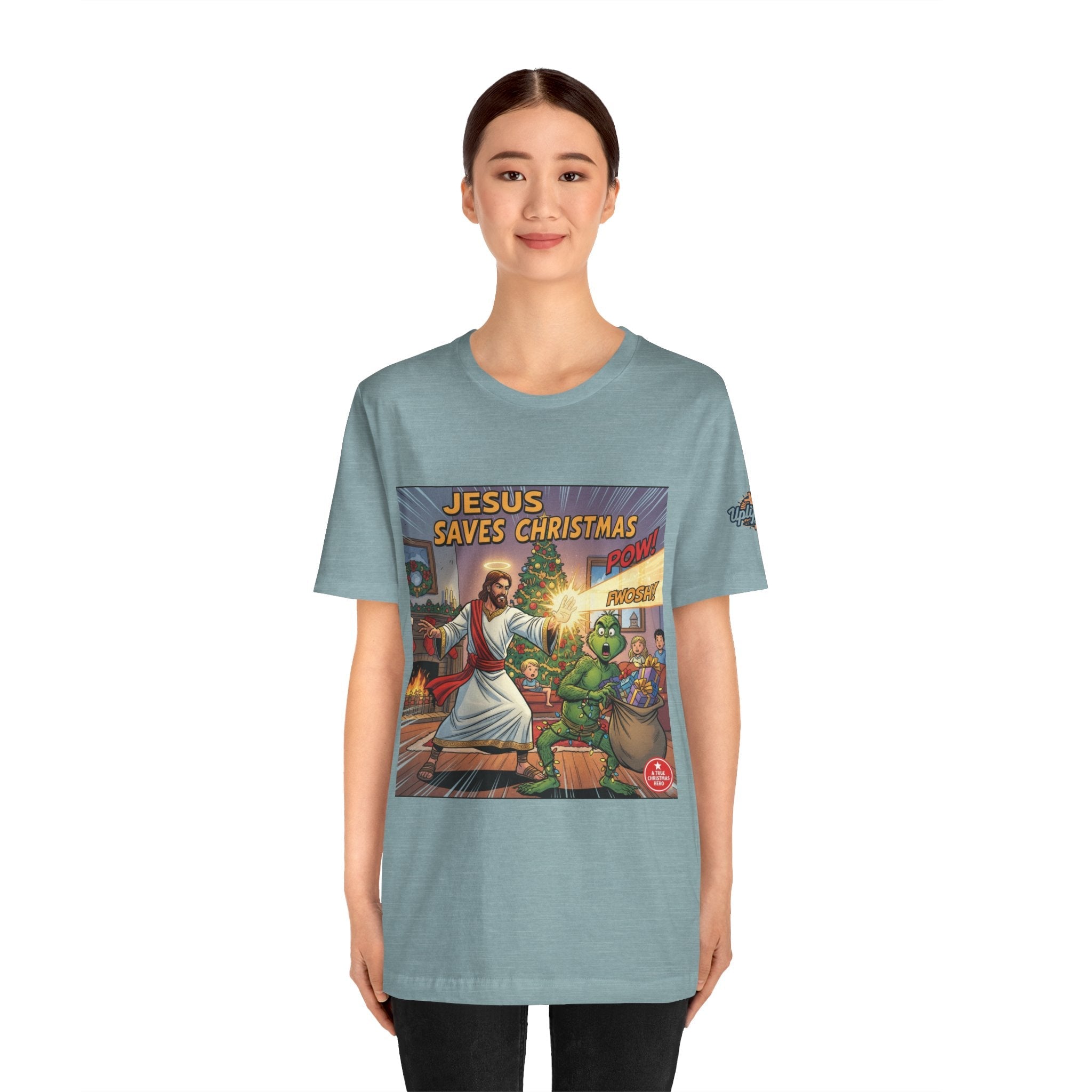 Jesus Saves Christmas T-shirt – Grinch vs Savior Light Battle Christian T-shirt for Hilarious Holiday Faith & True Joy Printify