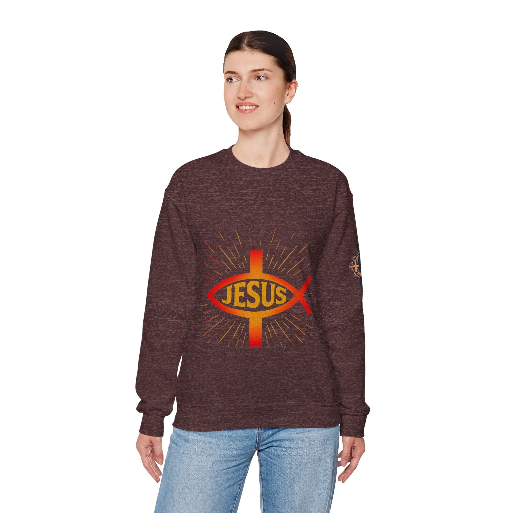 Jesus Ichthys Sweatshirt – Christian Fish Symbol with Cross & Jesus Inscription Sweatshirt for Eternal Faith & Streetwear Printify