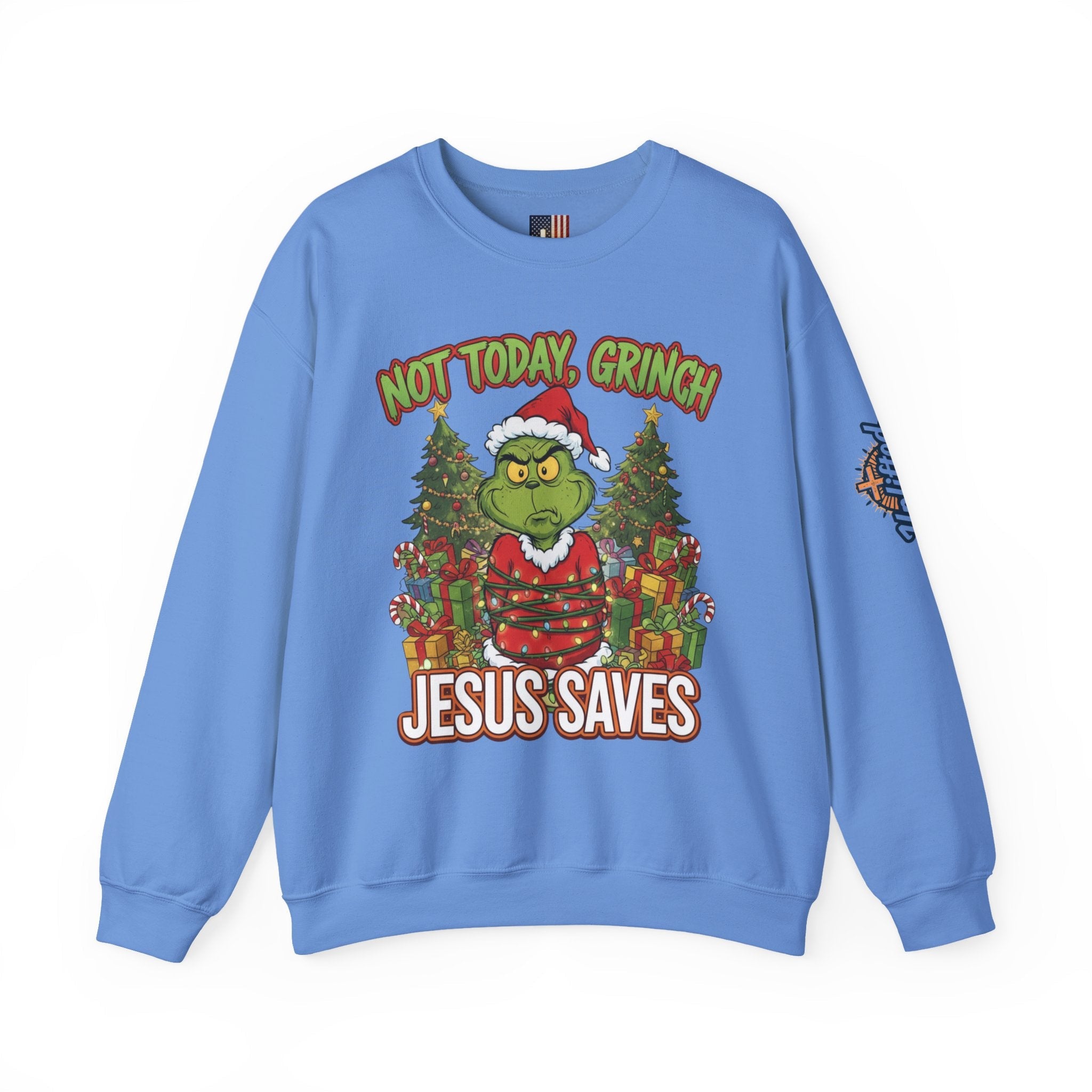 🎄 Not Today, Grinch – Jesus Saves | Funny Christian Christmas Sweatshirt | Sulking Grinch & Glowing Cross | Bold Neon Faith Tee by Uplifted Gear Printify