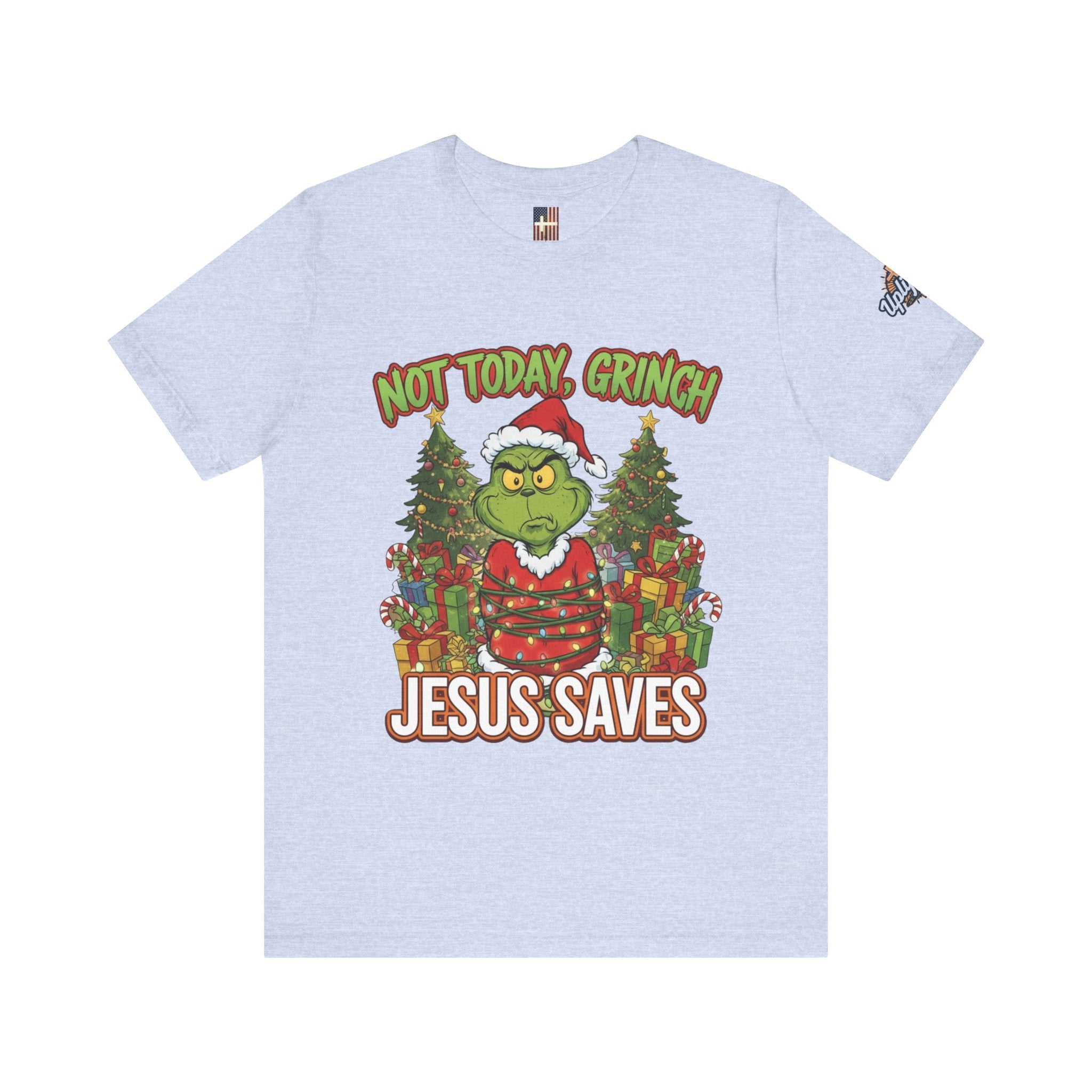 🎄 Not Today, Grinch – Jesus Saves | Funny Christian Christmas T-Shirt | Sulking Grinch & Glowing Cross | Bold Neon Faith Tee by Uplifted Gear Printify