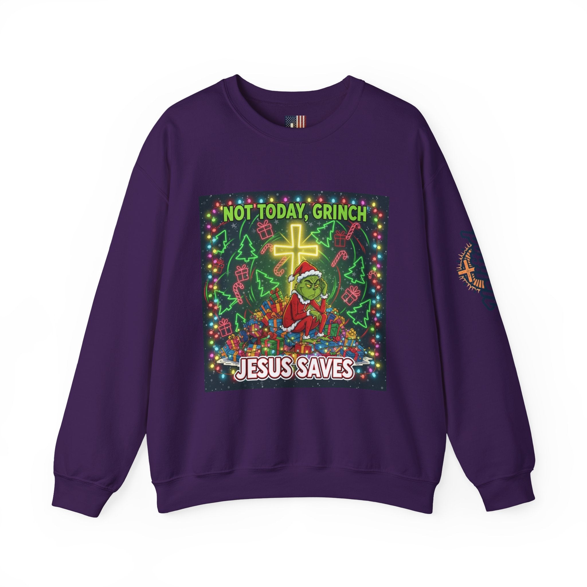 🎄 Not Today, Grinch – Jesus Saves | Funny Christian Christmas Sweatshirt | Festive Green & Red Cartoon Style | Bold Faith Holiday Tee by Uplifted Gear Printify