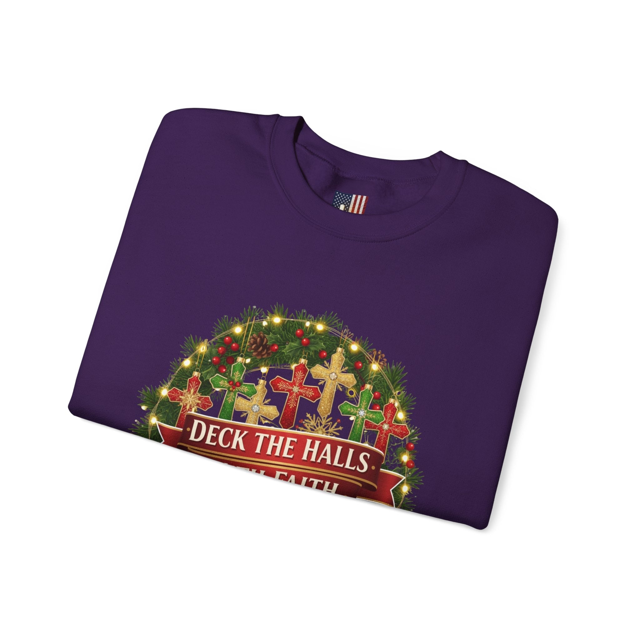 🎄 Deck the Halls with Faith – Christian Christmas Sweatshirt | Cross Ornament Design & Festive Garland | Bold Holiday Faith Tee by Uplifted Gear Printify