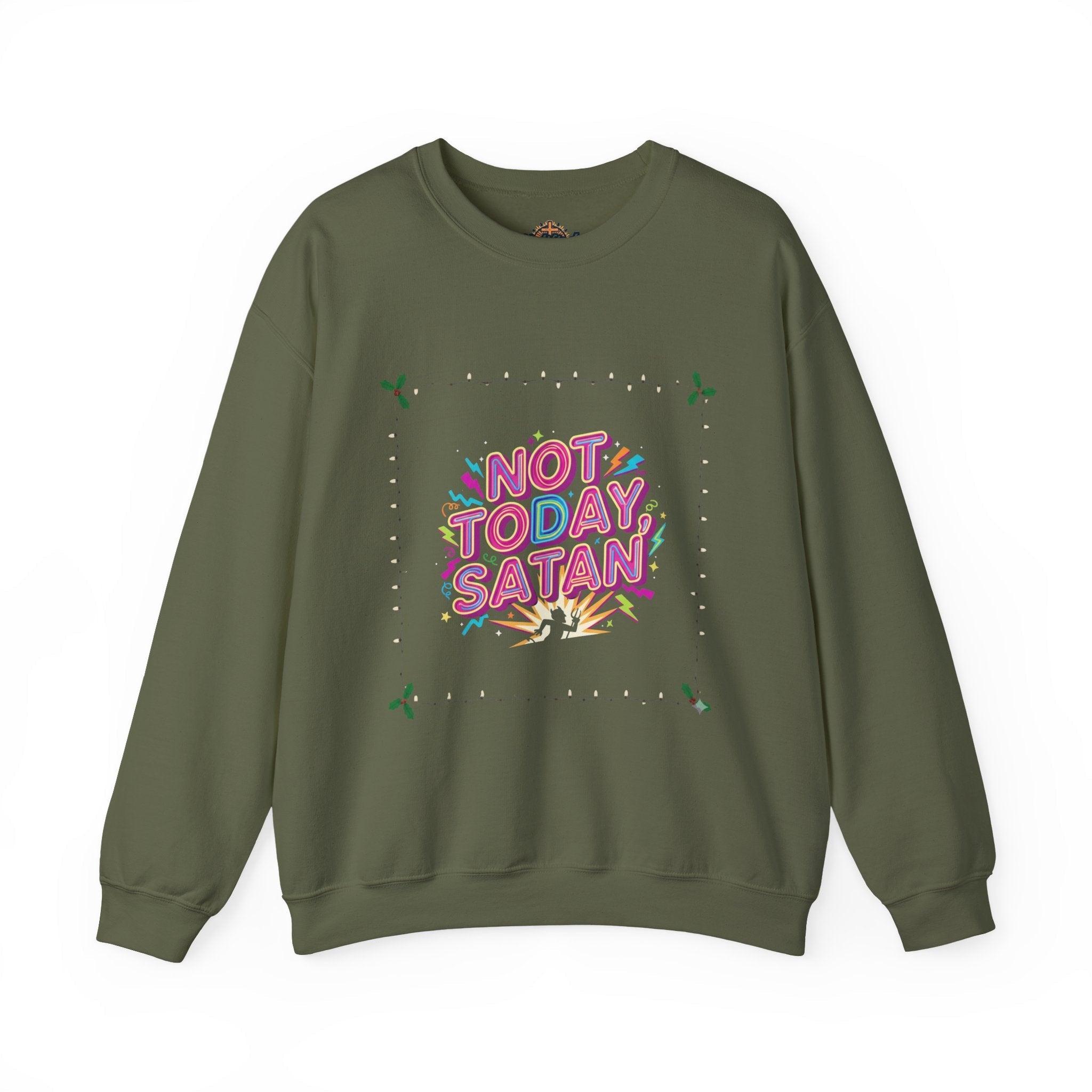 🔥 Not Today, Satan – Retro 90s Christian Sweatshirt | Neon Faith Tee | Funky Cartoon Devil | Bold Bible Verse Shirt | Uplifted Gear Printify
