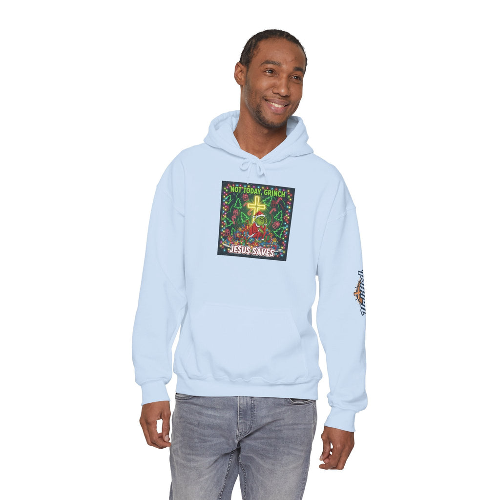 🎄 Not Today, Grinch – Jesus Saves | Funny Christian Christmas Hoodie | Festive Green & Red Cartoon Style | Bold Faith Holiday Tee by Uplifted Gear Printify