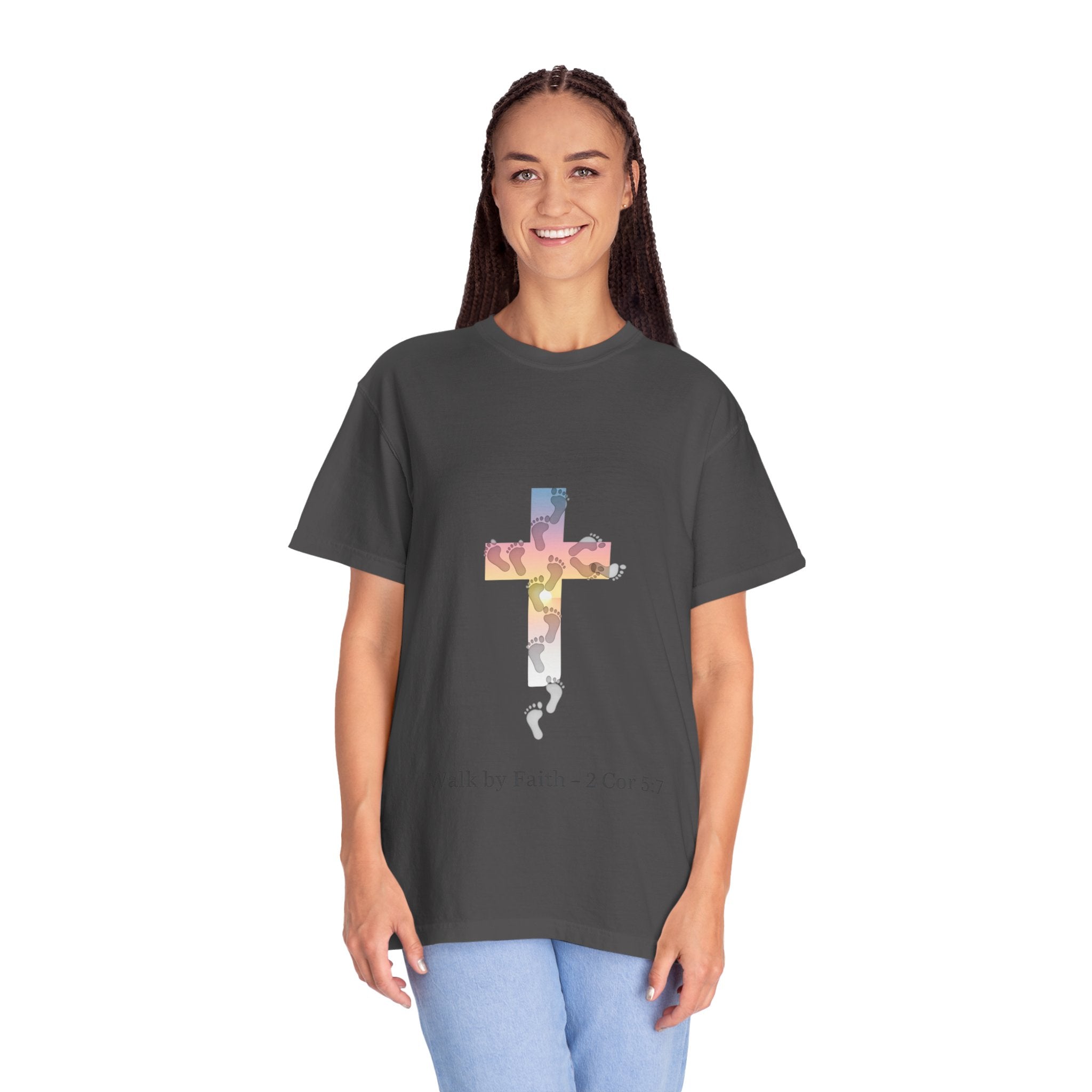 Walk by Faith T-Shirt – Cross & Footprints Christian Tee for Bold Believers Printify