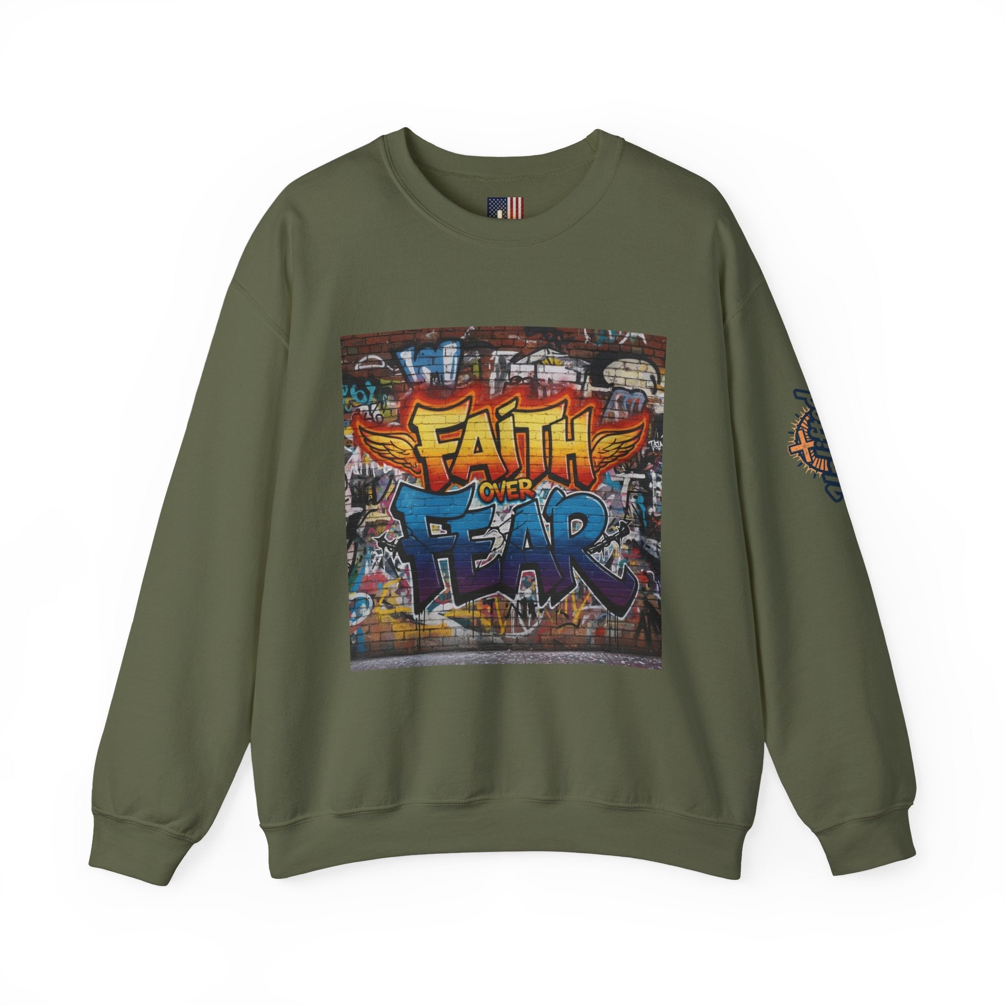 Faith Over Fear Sweatshirt – Graffiti Wall Christian Sweatshirt for Bold 2 Corinthians 5:7 Streetwear & Unshakable Faith Printify