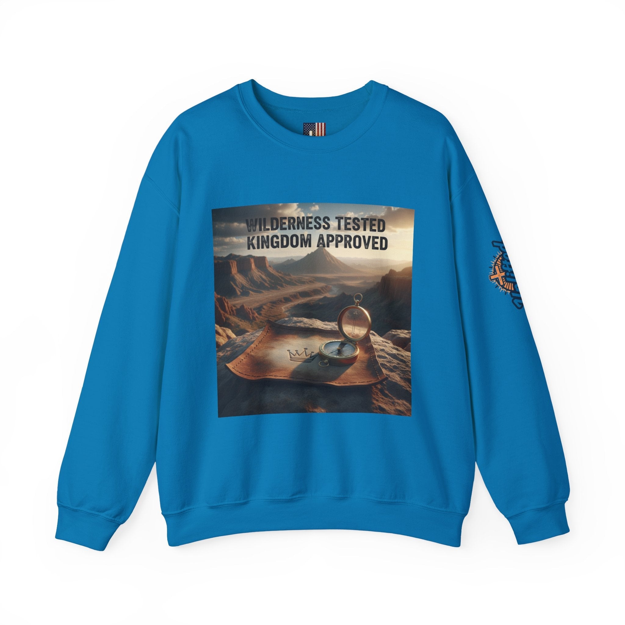 Wilderness Tested Kingdom Approved Sweatshirt – Mountain Desert Compass Crown Christian Sweatshirt for Biblical Adventure Faith Printify