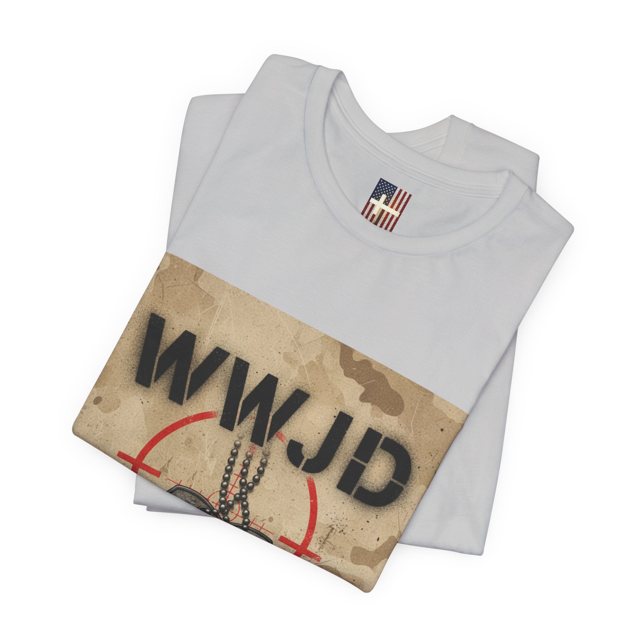WWJD T-shirt – Military Dog Tags What Would Jesus Do Camo Christian T-shirt for Bold Faith & Streetwear Printify