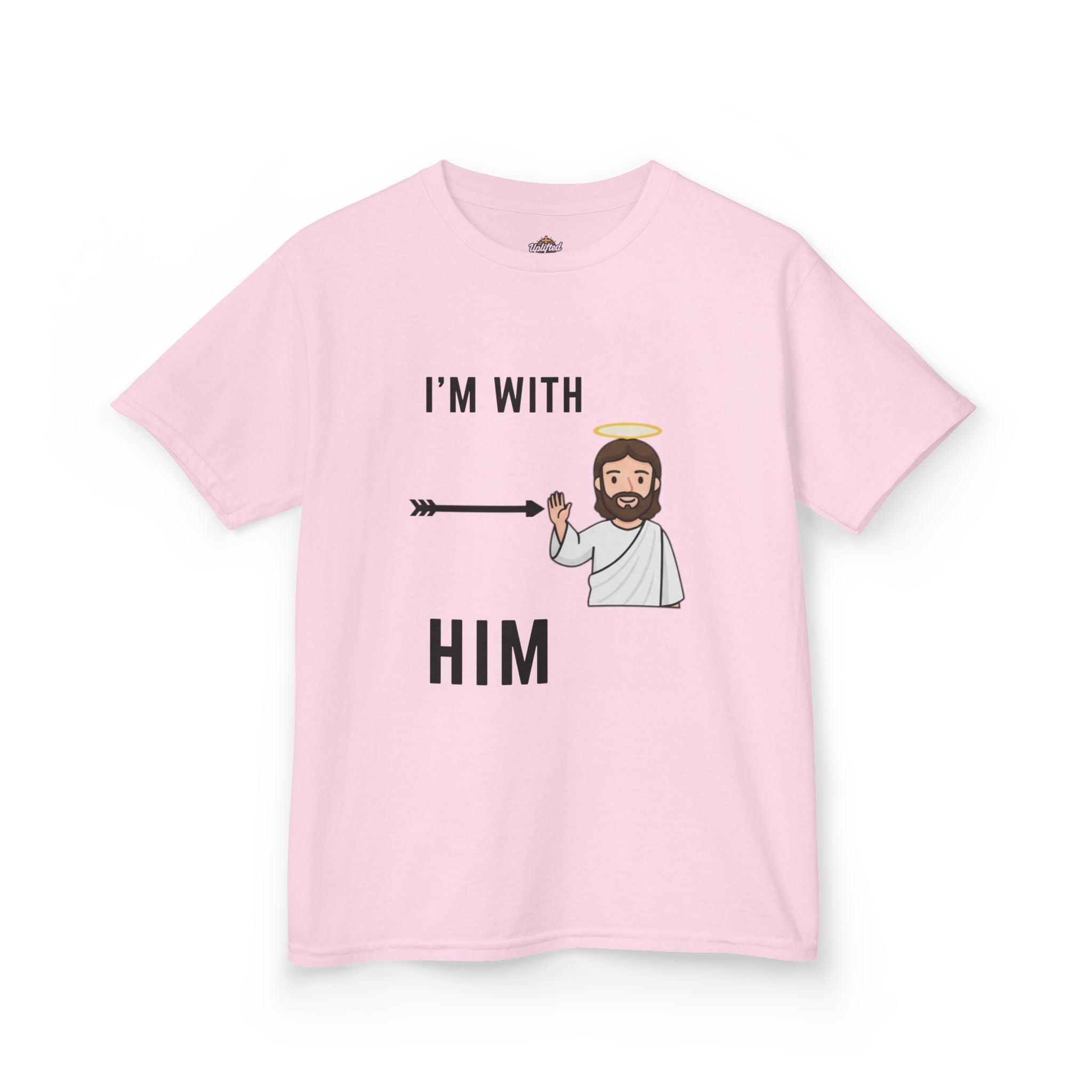 🔥 I’m With Him → Christian Kids T-Shirt | Arrow Pointing to Jesus | Minimalist Faith Tee | Subtle Cross Design | Bible-Inspired Apparel by Uplifted Gear Printify