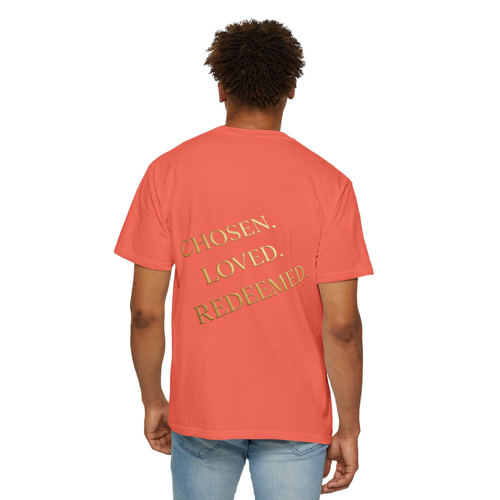 ✨ Chosen. Loved. Redeemed. – Elegant Christian T-Shirt | Gold Foil Faith Tee | Subtle Cross & Heart Design | Inspirational Bible Verse Apparel by Uplifted Gear Printify