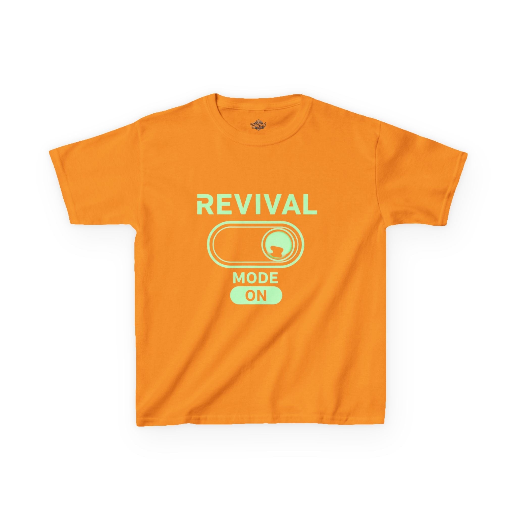 🔥 Revival Mode: ON – Christian Techwear Kids T-Shirt | Glowing Green Faith Switch | Futuristic Jesus Shirt | Activate Your Spiritual Awakening | Uplifted Gear Printify