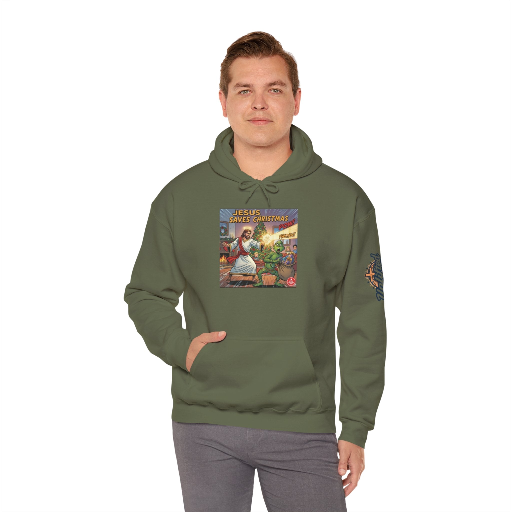 Jesus Saves Christmas Hoodie – Grinch vs Savior Light Battle Christian Sweatshirt for Hilarious Holiday Faith & True Joy Printify