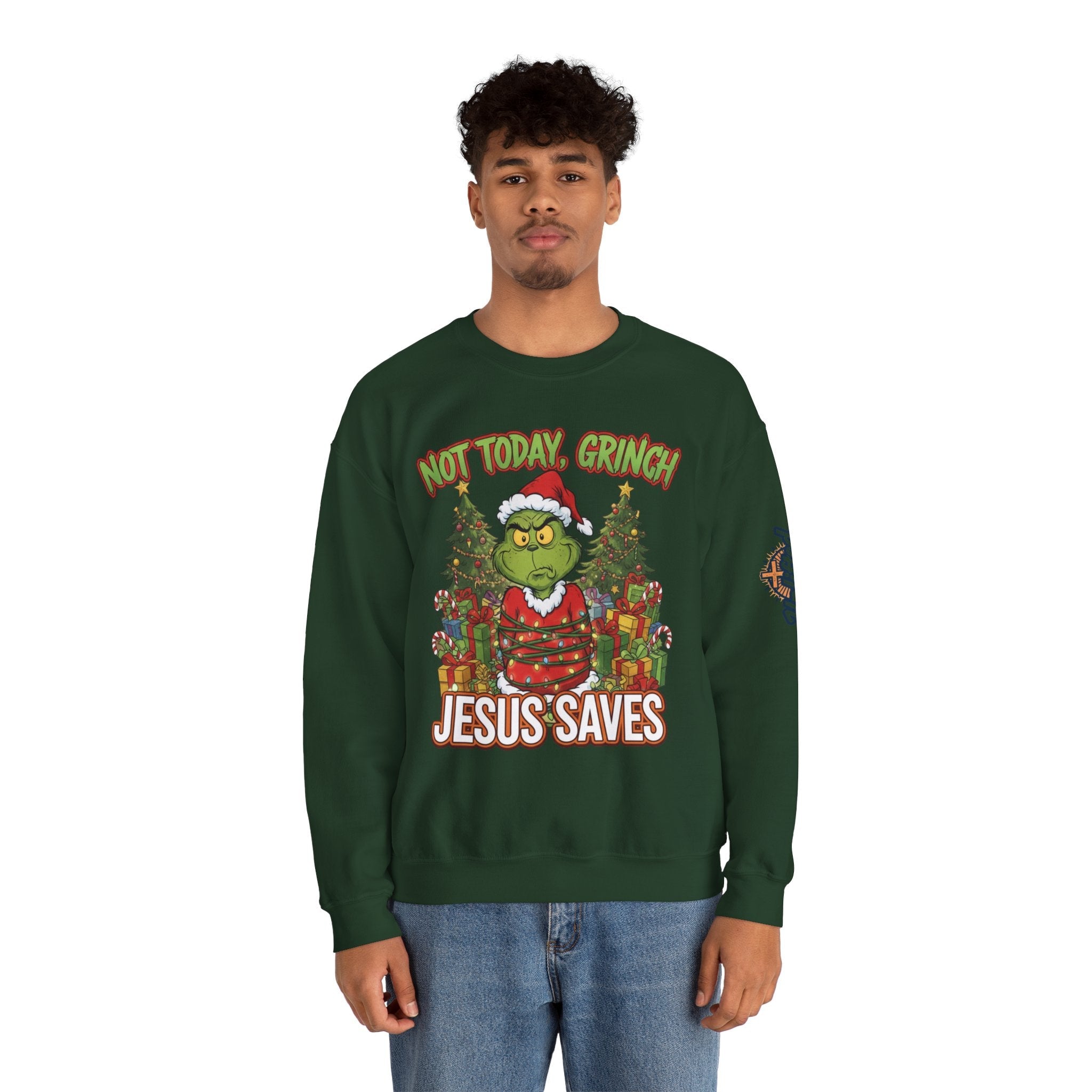 🎄 Not Today, Grinch – Jesus Saves | Funny Christian Christmas Sweatshirt | Sulking Grinch & Glowing Cross | Bold Neon Faith Tee by Uplifted Gear Printify
