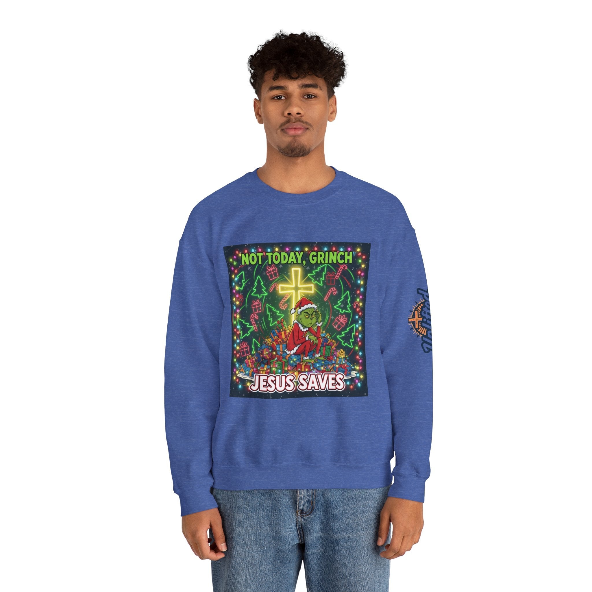 🎄 Not Today, Grinch – Jesus Saves | Funny Christian Christmas Sweatshirt | Festive Green & Red Cartoon Style | Bold Faith Holiday Tee by Uplifted Gear Printify