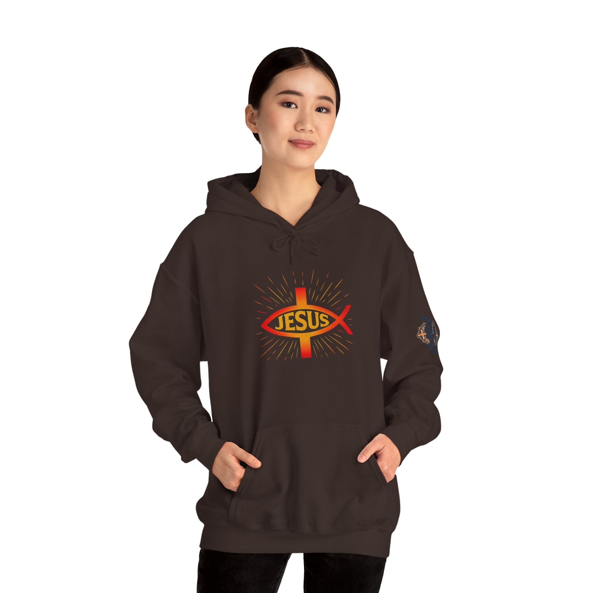 Jesus Ichthys Hoodie – Christian Fish Symbol with Cross & Jesus Inscription Sweatshirt for Eternal Faith & Streetwear Printify
