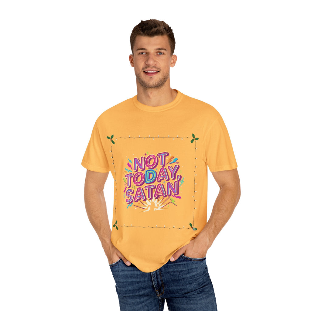 🔥 Not Today, Satan – Retro 90s Christian T-Shirt | Neon Faith Tee | Funky Cartoon Devil | Bold Bible Verse Shirt | Uplifted Gear Printify