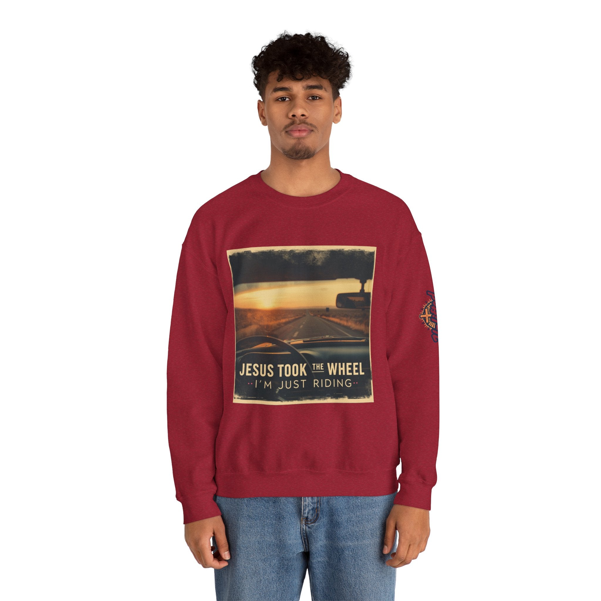 Jesus Took the Wheel I'm Just Riding Sweatshirt – Funny Christian Convertible Car Sweatshirt for Surrendered Faith & Humor