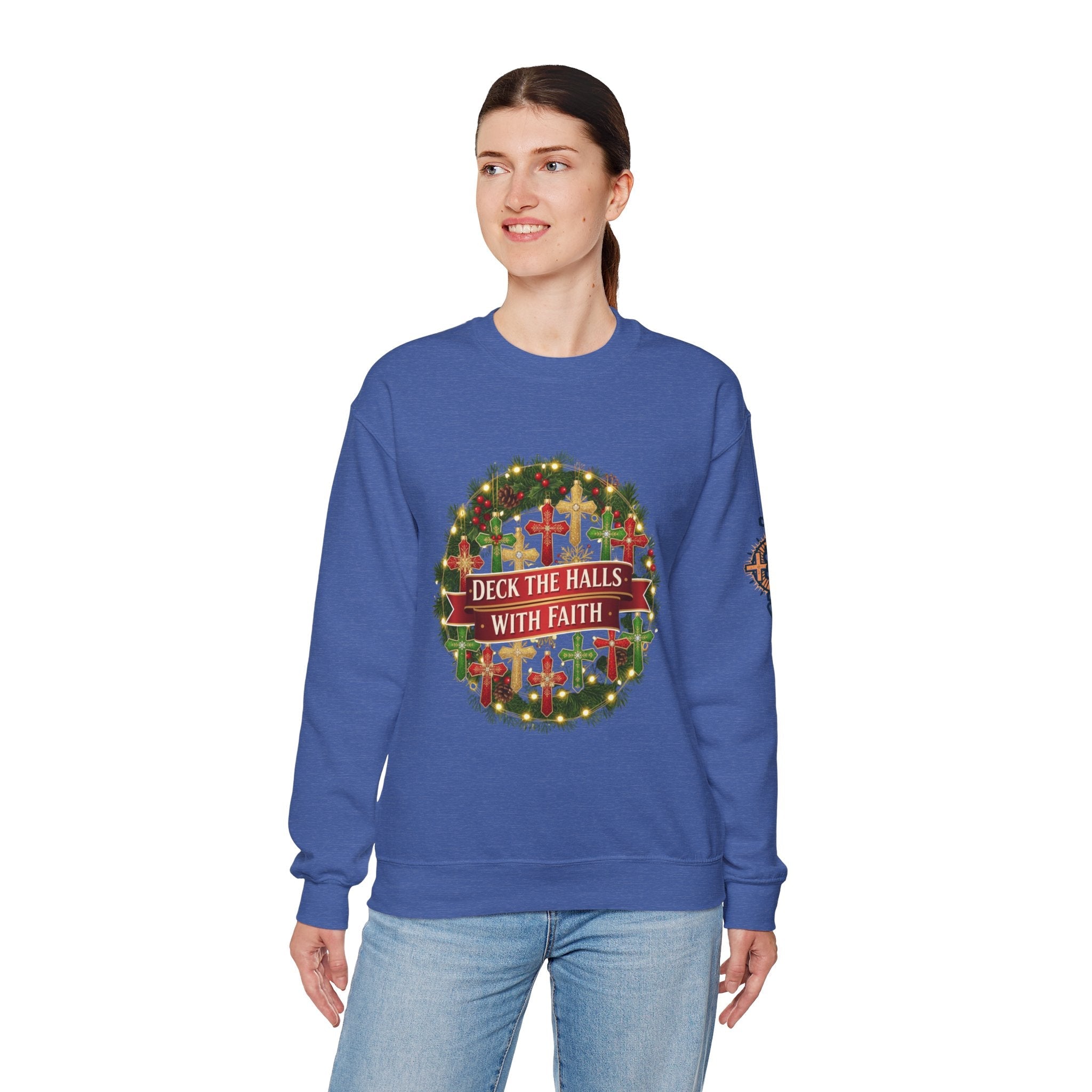 🎄 Deck the Halls with Faith – Christian Christmas Sweatshirt | Cross Ornament Design & Festive Garland | Bold Holiday Faith Tee by Uplifted Gear Printify