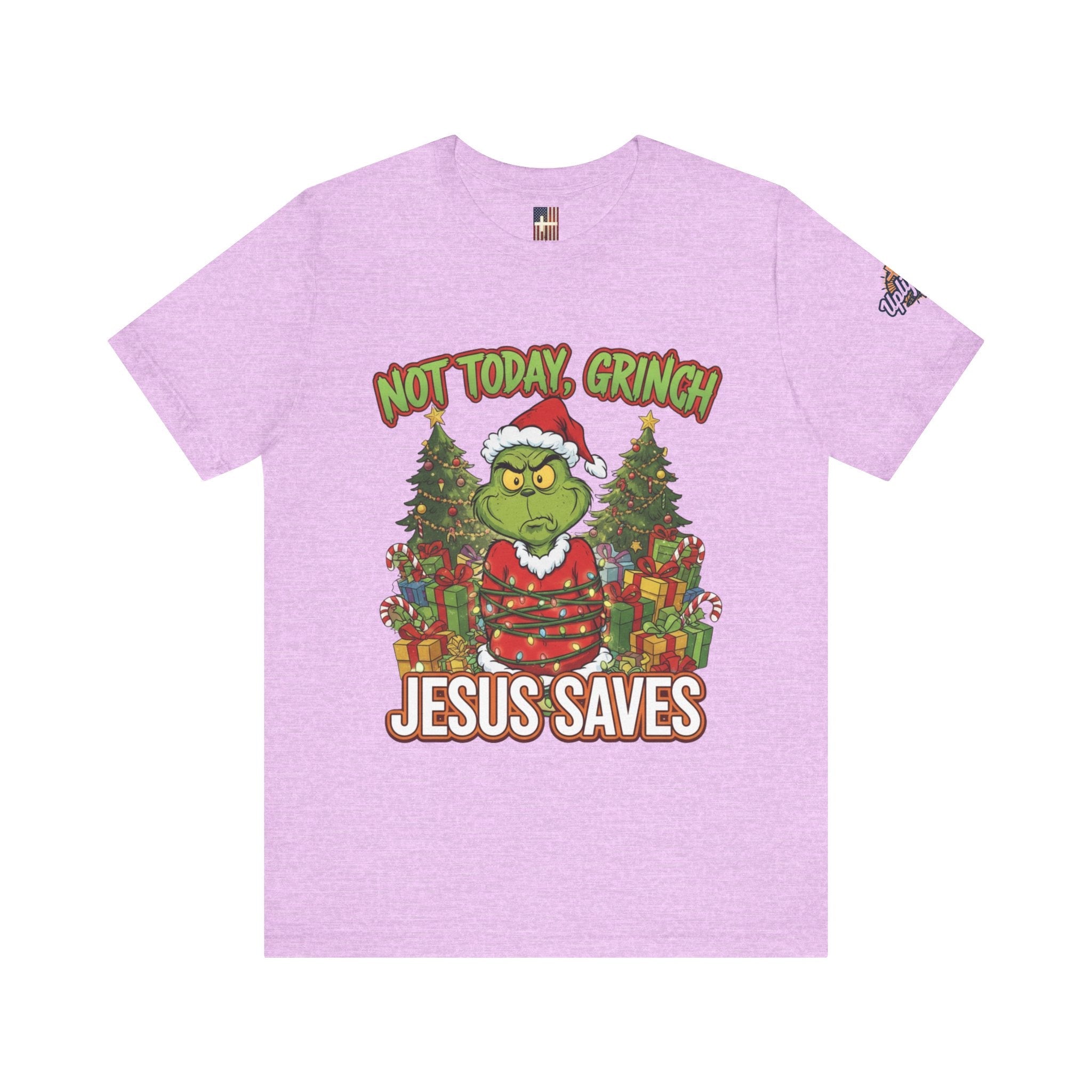 🎄 Not Today, Grinch – Jesus Saves | Funny Christian Christmas T-Shirt | Sulking Grinch & Glowing Cross | Bold Neon Faith Tee by Uplifted Gear Printify