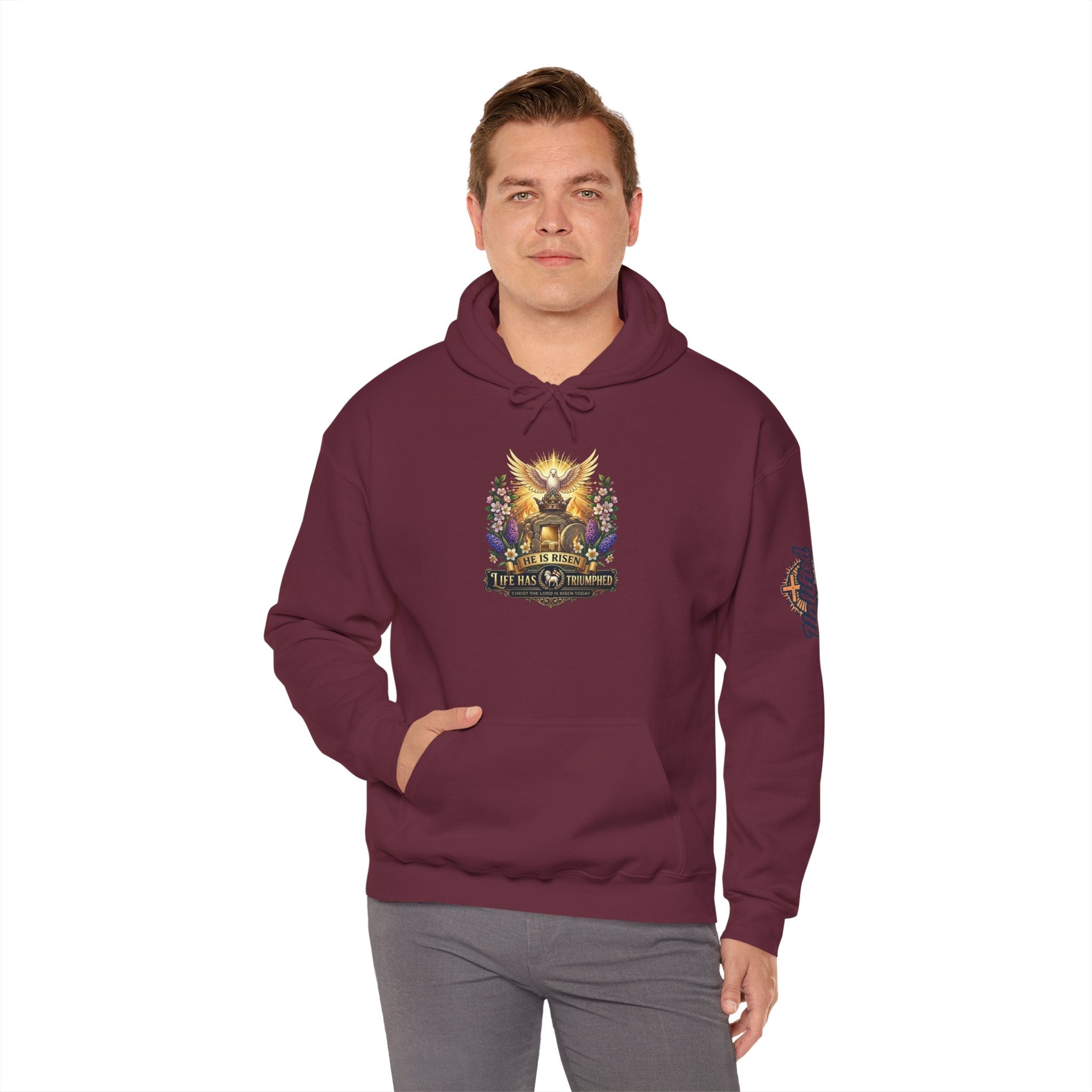 He Is Risen "Life Has Triumphed" Hoodie — Easter Resurrection Christian Hoodie Printify