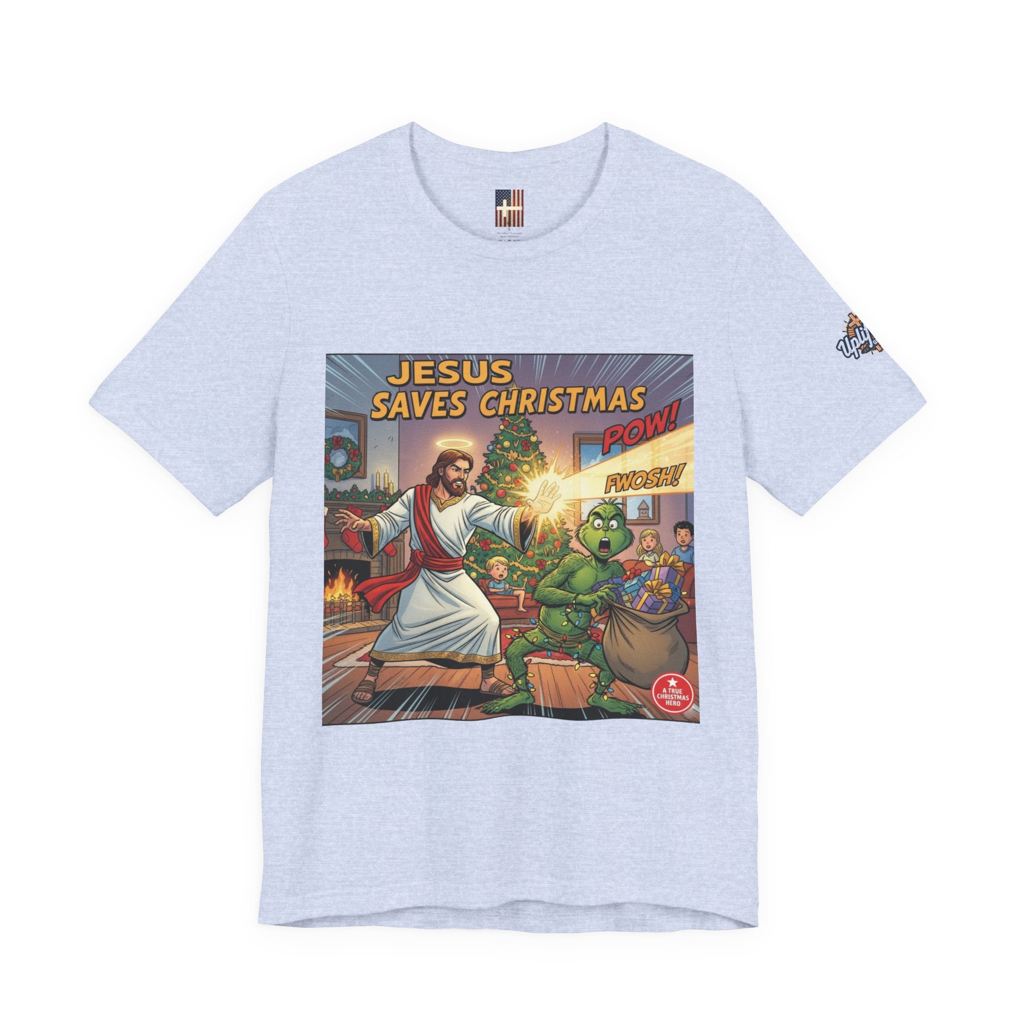 Jesus Saves Christmas T-shirt – Grinch vs Savior Light Battle Christian T-shirt for Hilarious Holiday Faith & True Joy Printify