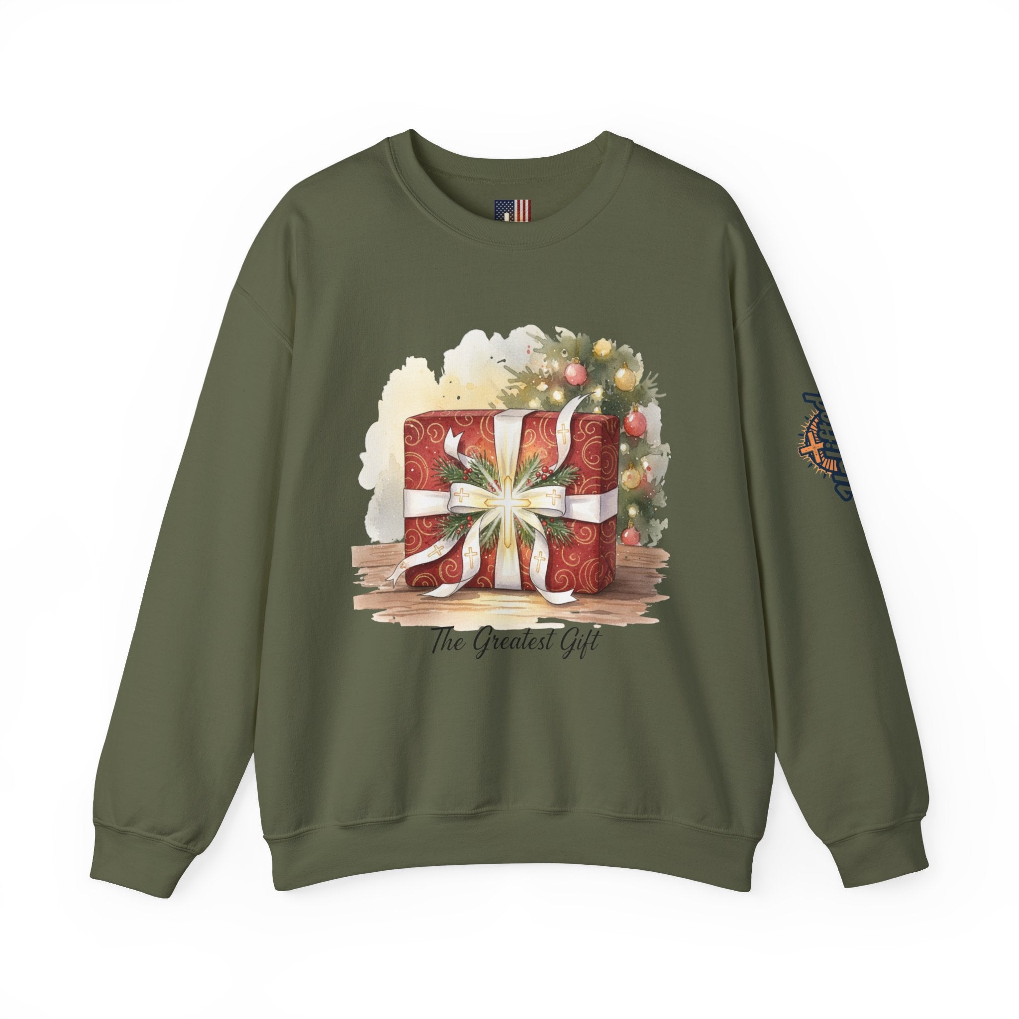 The Greatest Gift Sweatshirt – Cross Bow Present Christian Sweatshirt for Christmas Salvation & Eternal Faith Printify