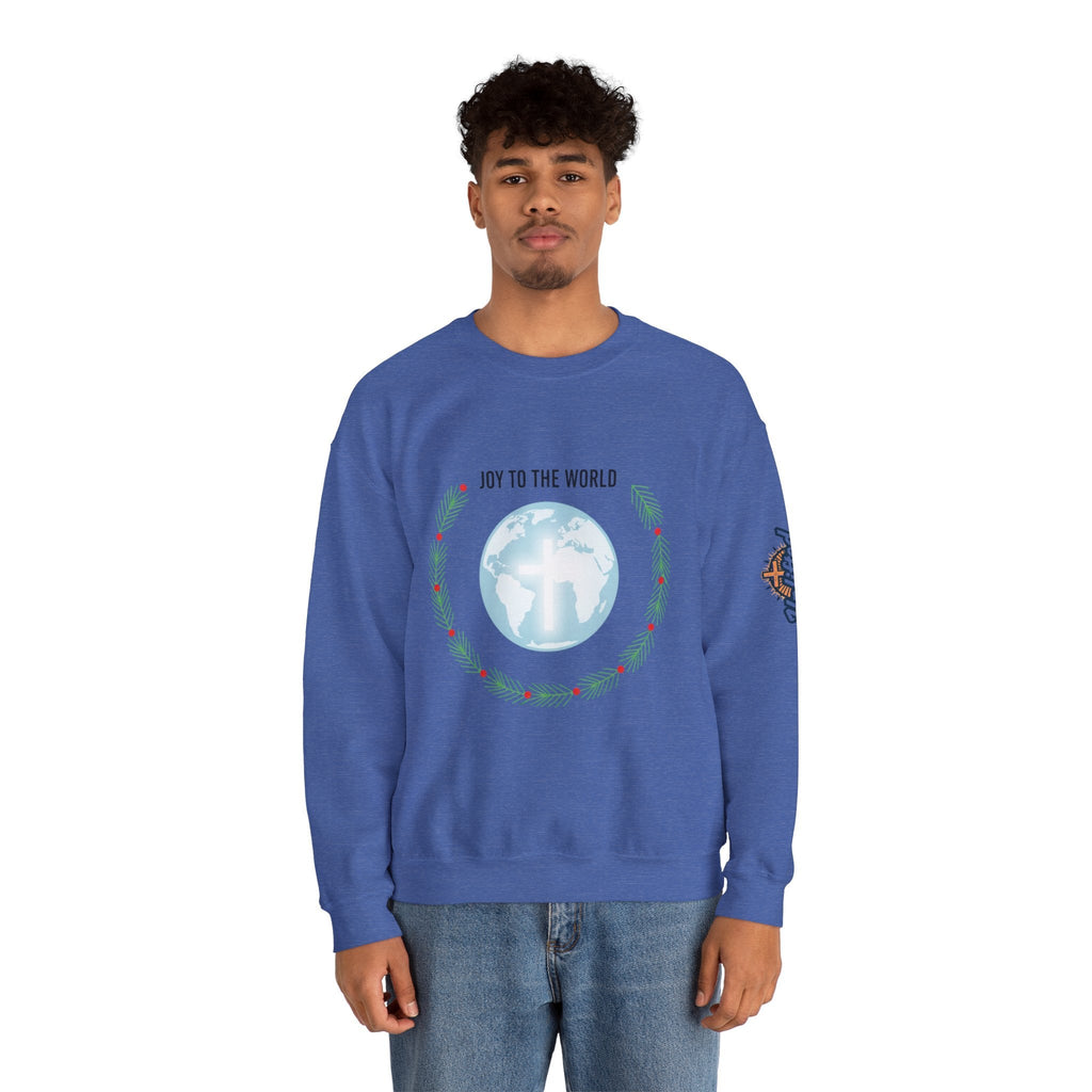 Joy to the World Sweatshirt – Wreath Earth Nativity Christian Christmas Sweatshirt for Isaiah 9:6 Holiday Faith & Festive Joy Printify