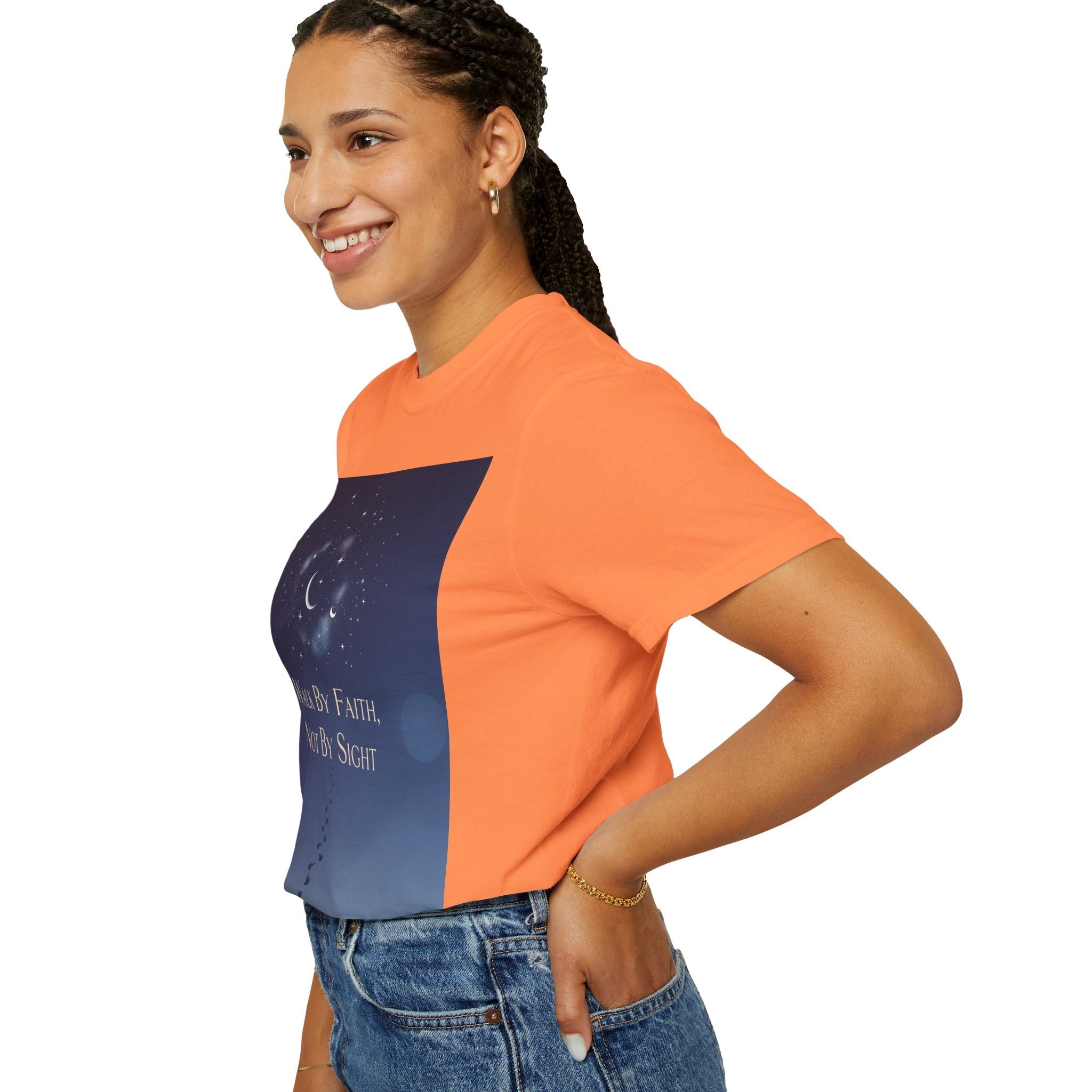 Walk by Faith, Not by Sight T-Shirt – Footprints in the Sand Christian Moonlit Tee Printify