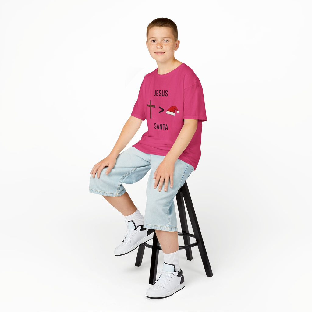 🎄 Jesus > Santa – Minimalist Christian Christmas Kids T-Shirt | Bold Faith Over Holiday Tee | Cross vs Santa Hat Design | Uplifted Gear Printify