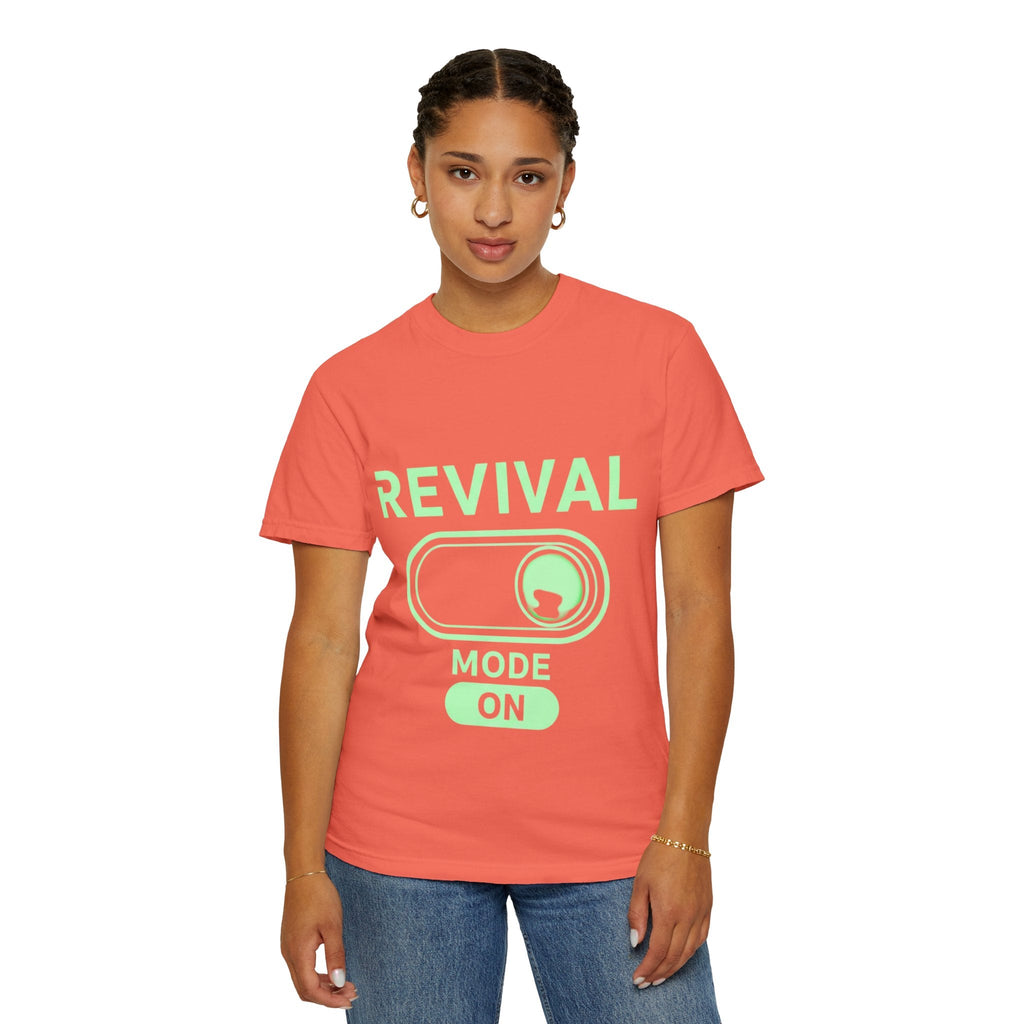 🔥 Revival Mode: ON – Christian Techwear T-Shirt | Glowing Green Faith Switch | Futuristic Jesus Shirt | Activate Your Spiritual Awakening | Uplifted Gear Printify
