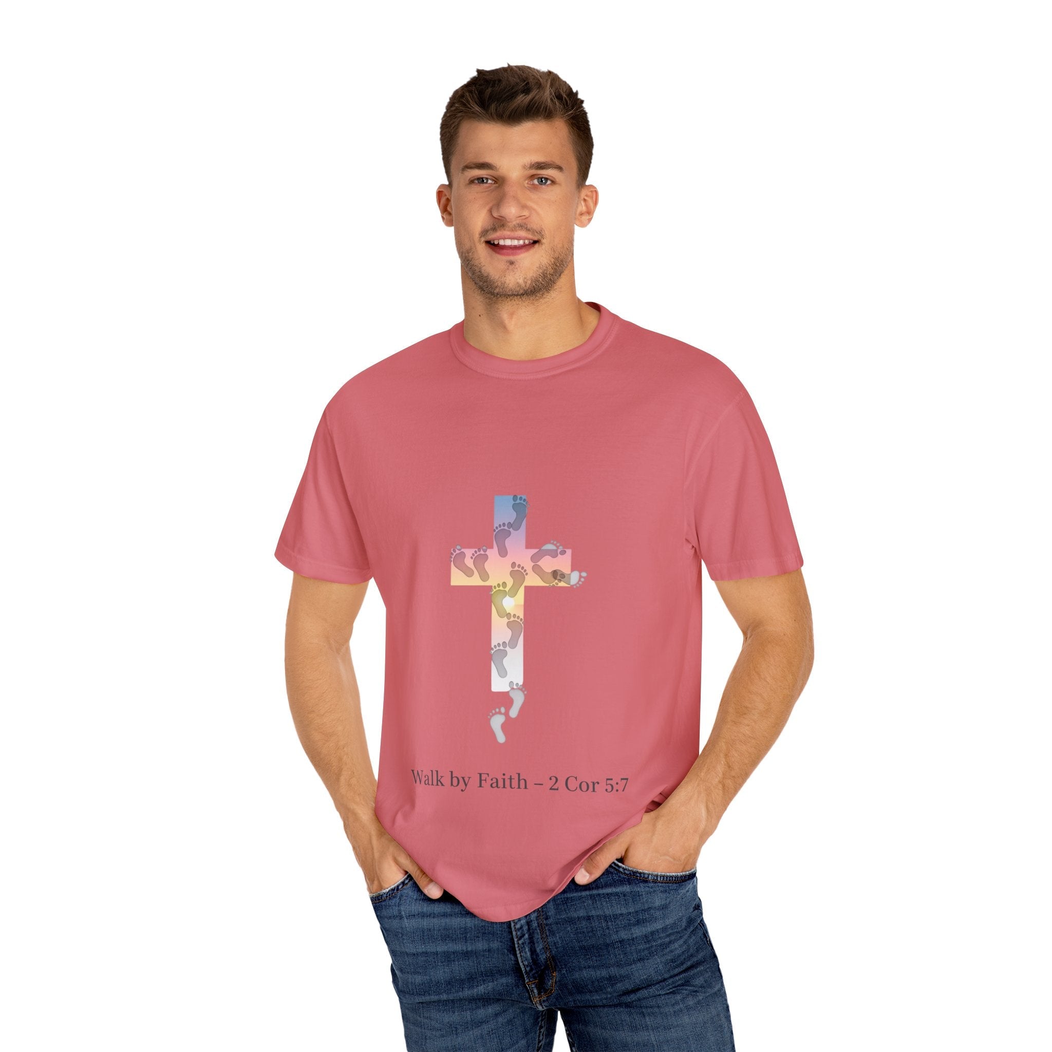Walk by Faith T-Shirt – Cross & Footprints Christian Tee for Bold Believers Printify