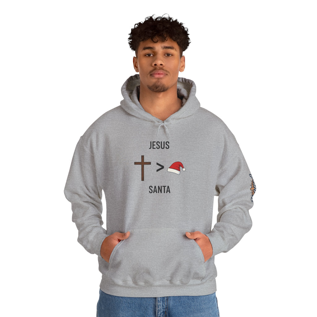🎄 Jesus > Santa – Minimalist Christian Christmas Hoodie | Bold Faith Over Holiday Tee | Cross vs Santa Hat Design | Uplifted Gear Printify