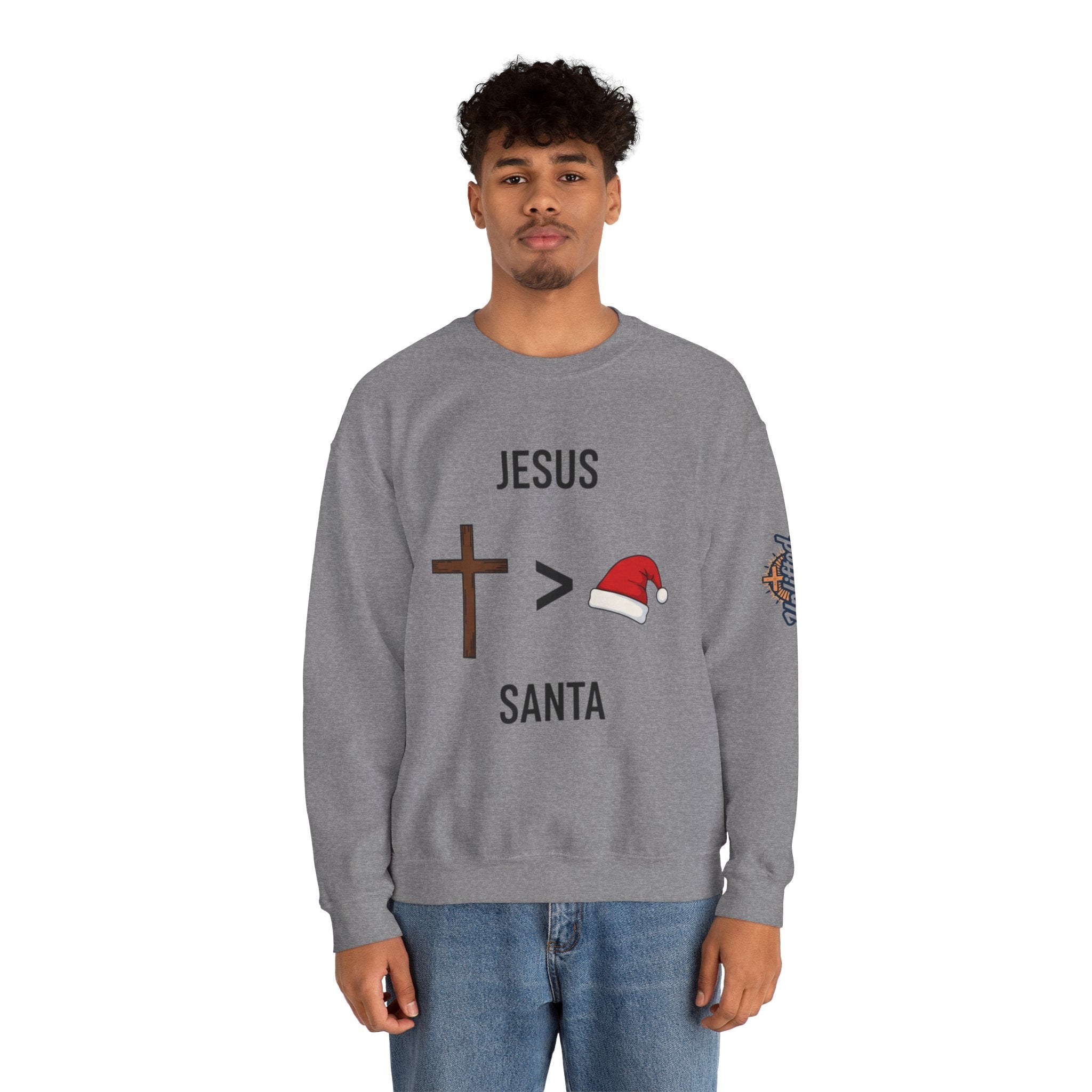 🎄 Jesus > Santa – Minimalist Christian Christmas Sweatshirt | Bold Faith Over Holiday Tee | Cross vs Santa Hat Design | Uplifted Gear Printify