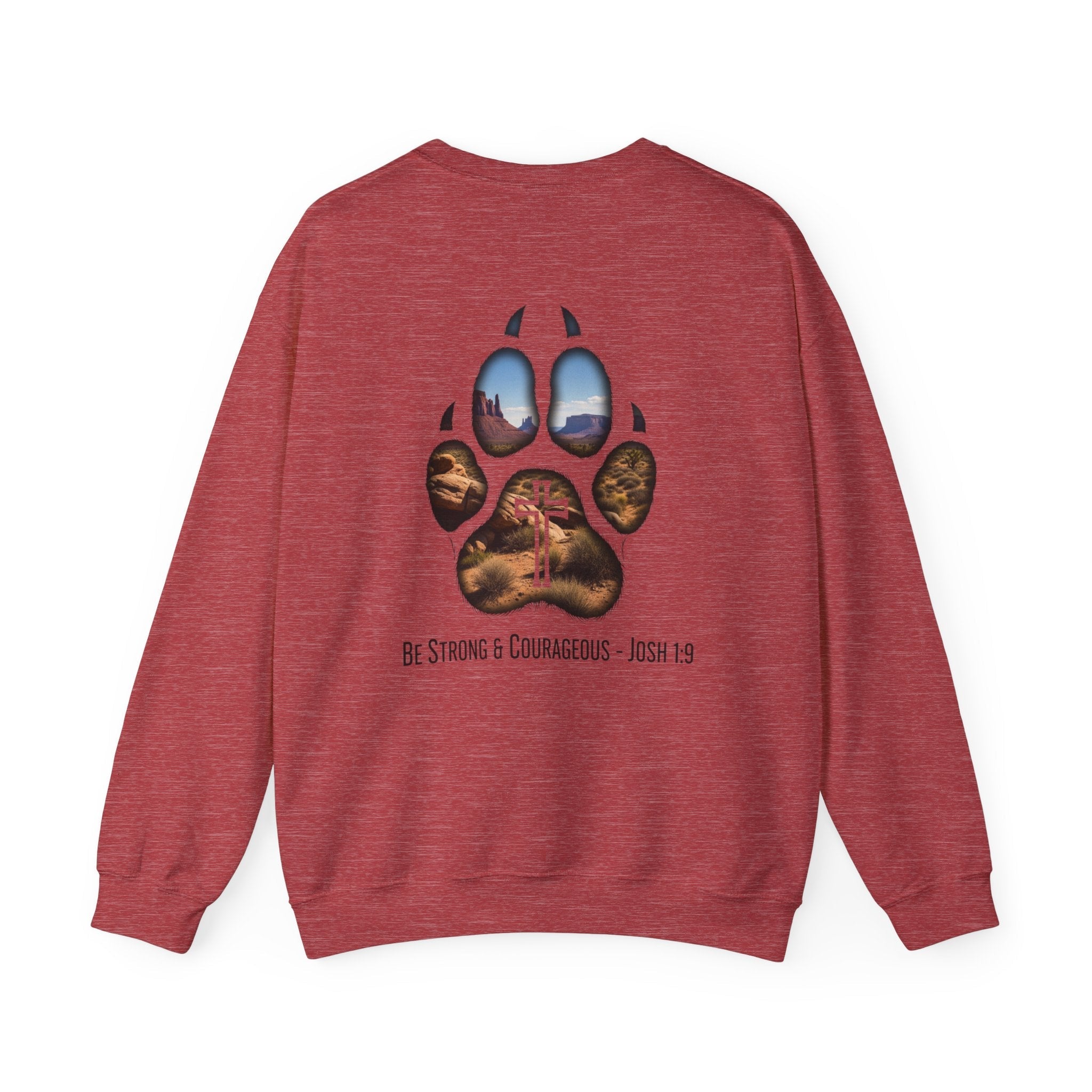 Strong and Courageous Sweatshirt – Joshua 1:9 Canine Pawprint Desert Christian Sweatshirt for Dog Lovers Printify