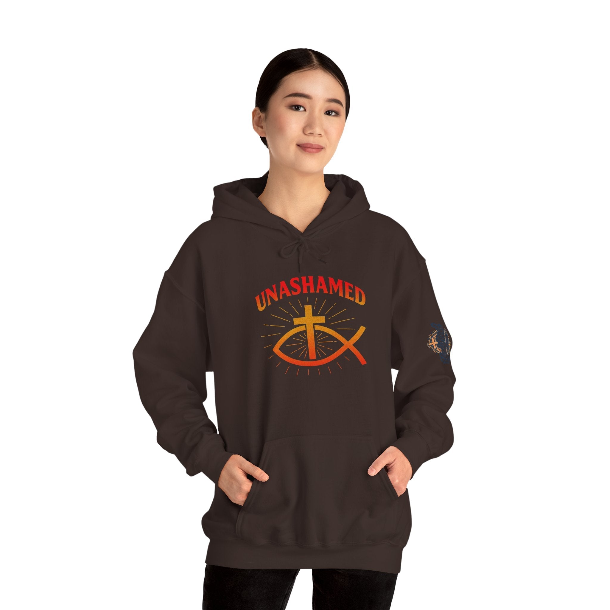 Unashamed Hoodie – Ichthys Jesus Fish & Cross Christian Sweatshirt for Romans 1:16 Bold Faith Printify
