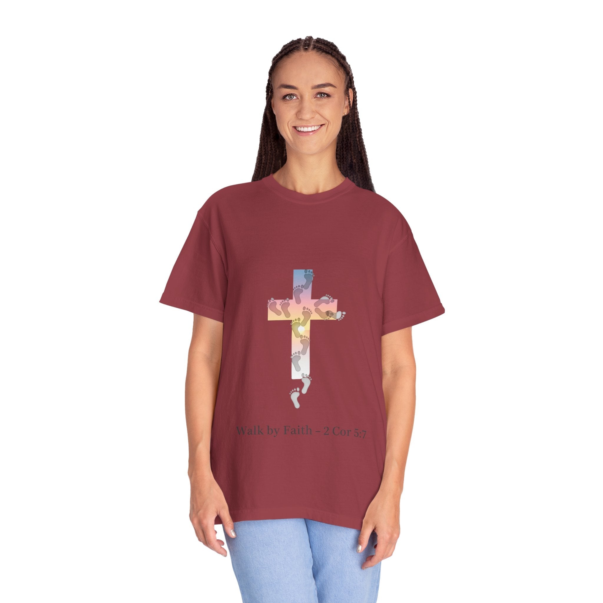 Walk by Faith T-Shirt – Cross & Footprints Christian Tee for Bold Believers Printify