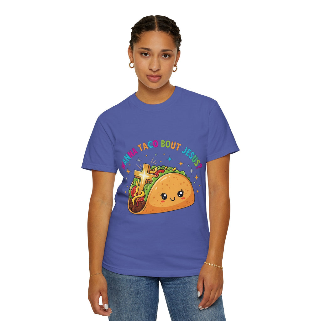 Wanna Taco 'Bout Jesus? Funny Christian Pun T-Shirt – Lettuce Pray & Share Faith! Printify
