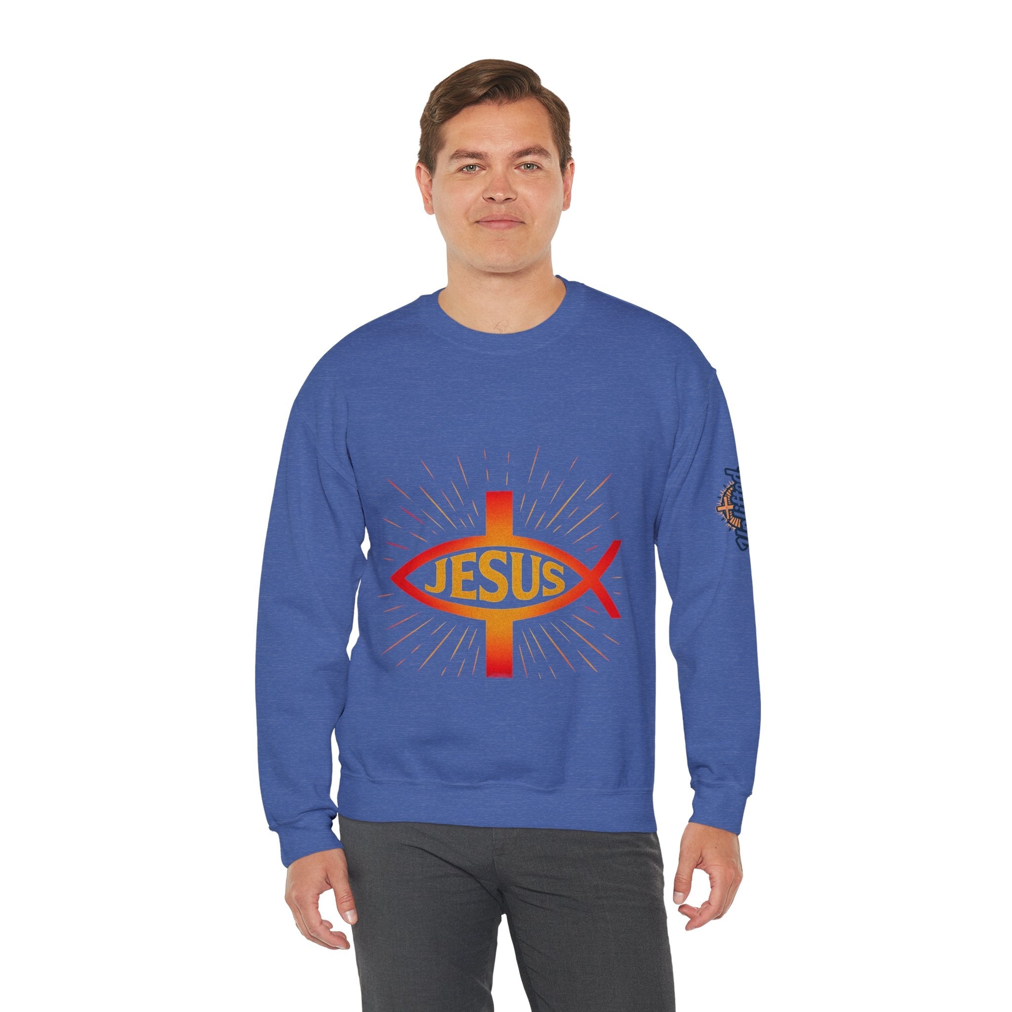 Jesus Ichthys Sweatshirt – Christian Fish Symbol with Cross & Jesus Inscription Sweatshirt for Eternal Faith & Streetwear Printify
