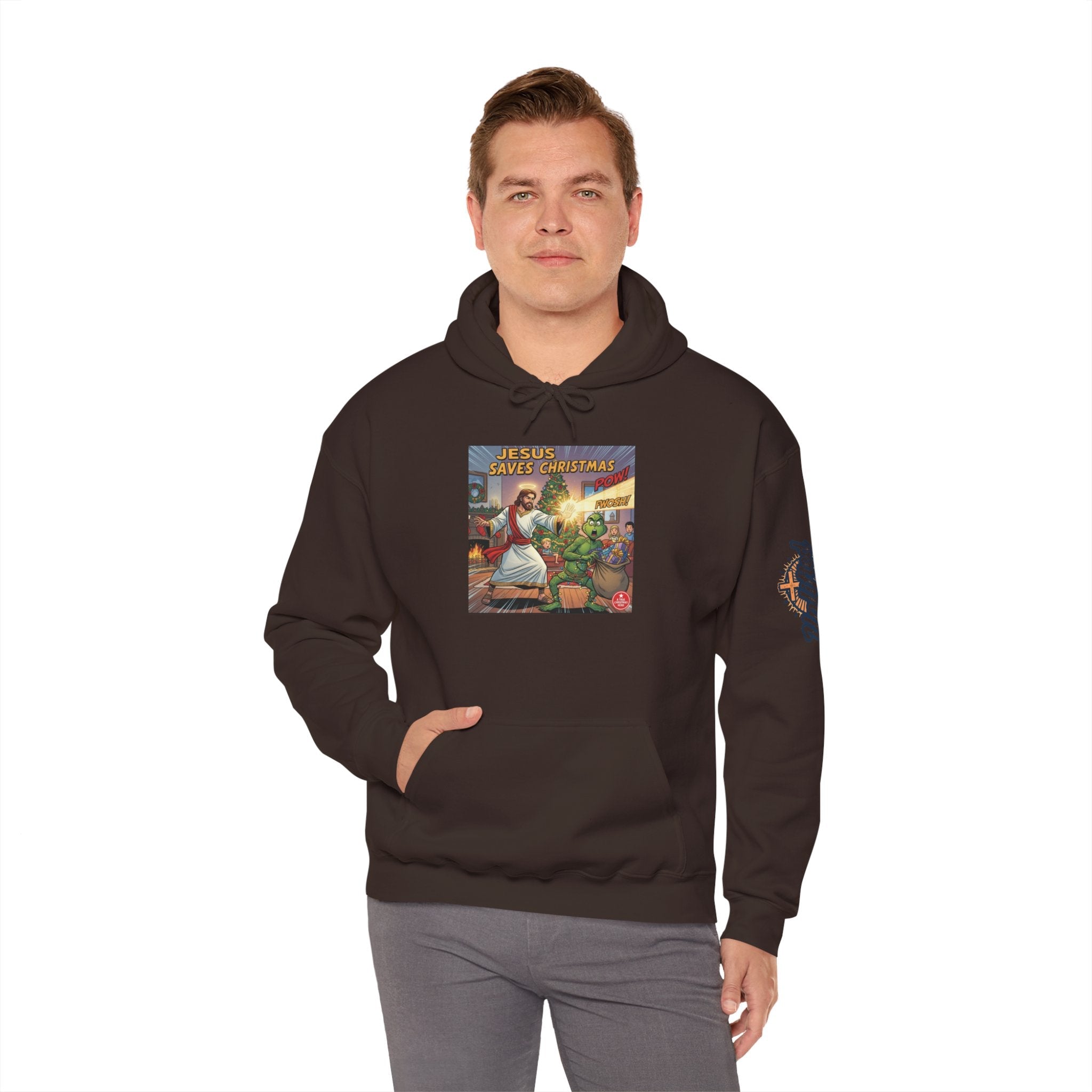 Jesus Saves Christmas Hoodie – Grinch vs Savior Light Battle Christian Sweatshirt for Hilarious Holiday Faith & True Joy Printify